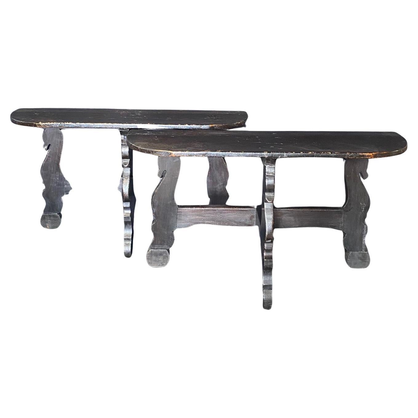  Pair of Antique Spanish Ebony Demilune Tables, Consoles or Side Tables For Sale