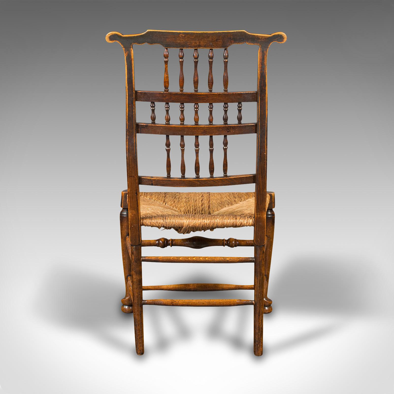 British Pair of Antique Spindleback Rush Chairs, English, Hall, Lancashire, Victorian For Sale