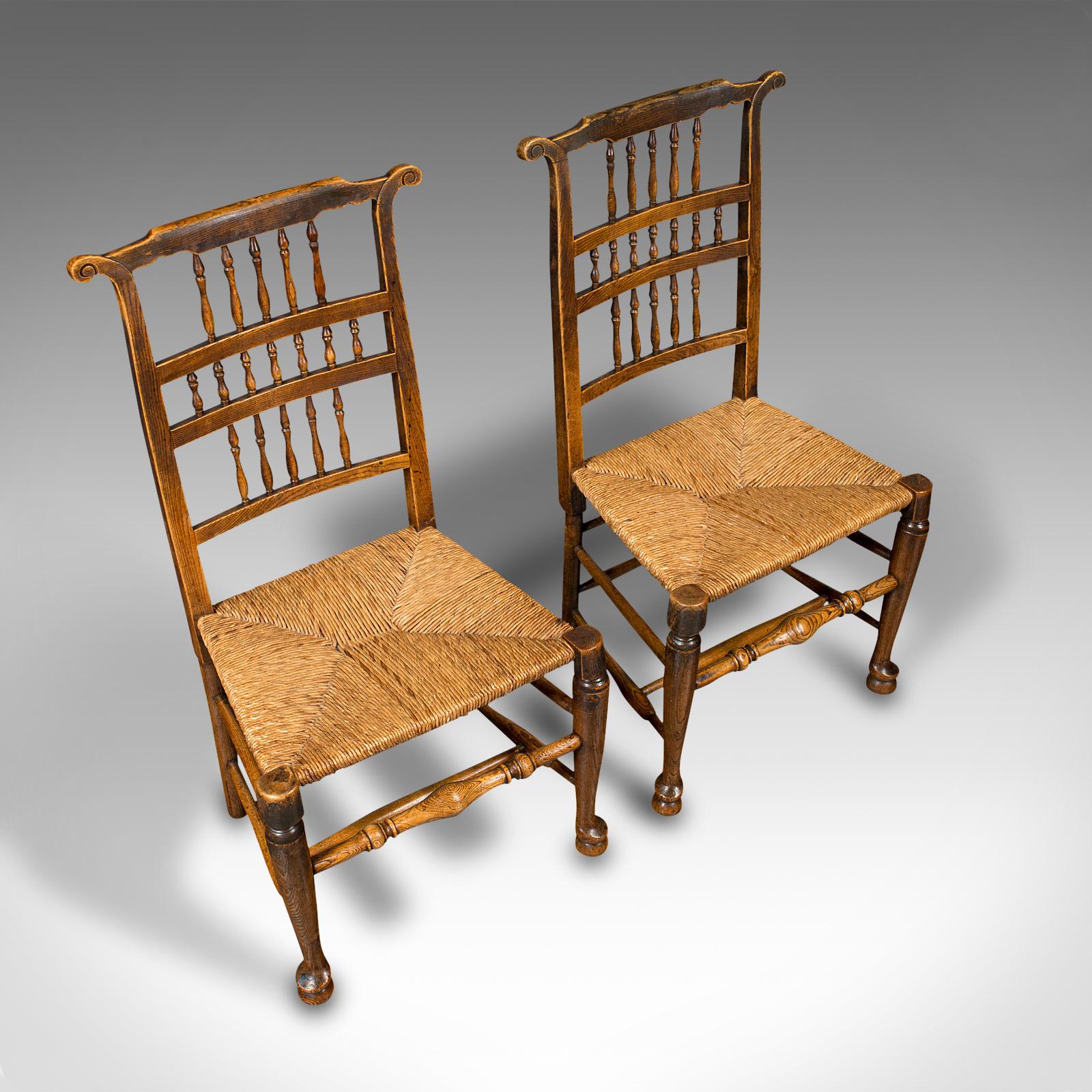 Pair of Antique Spindleback Rush Chairs, English, Hall, Lancashire, Victorian In Good Condition For Sale In Hele, Devon, GB