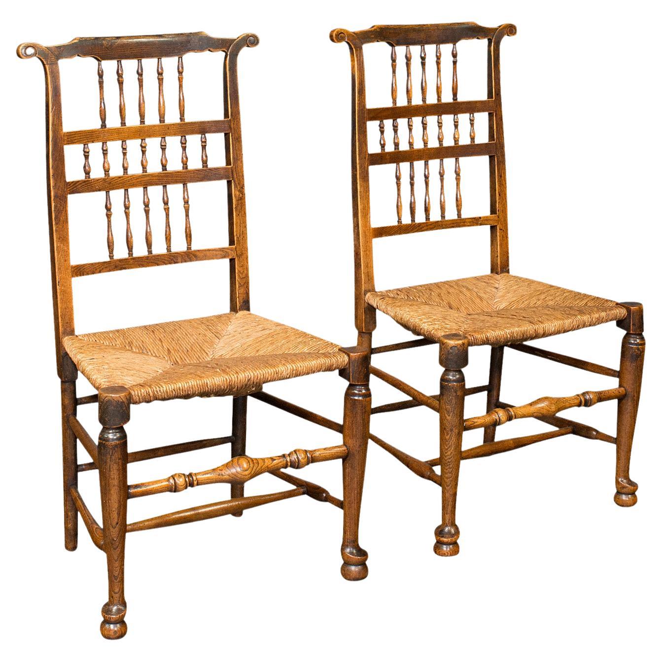 Pair of Antique Spindleback Rush Chairs, English, Hall, Lancashire, Victorian For Sale