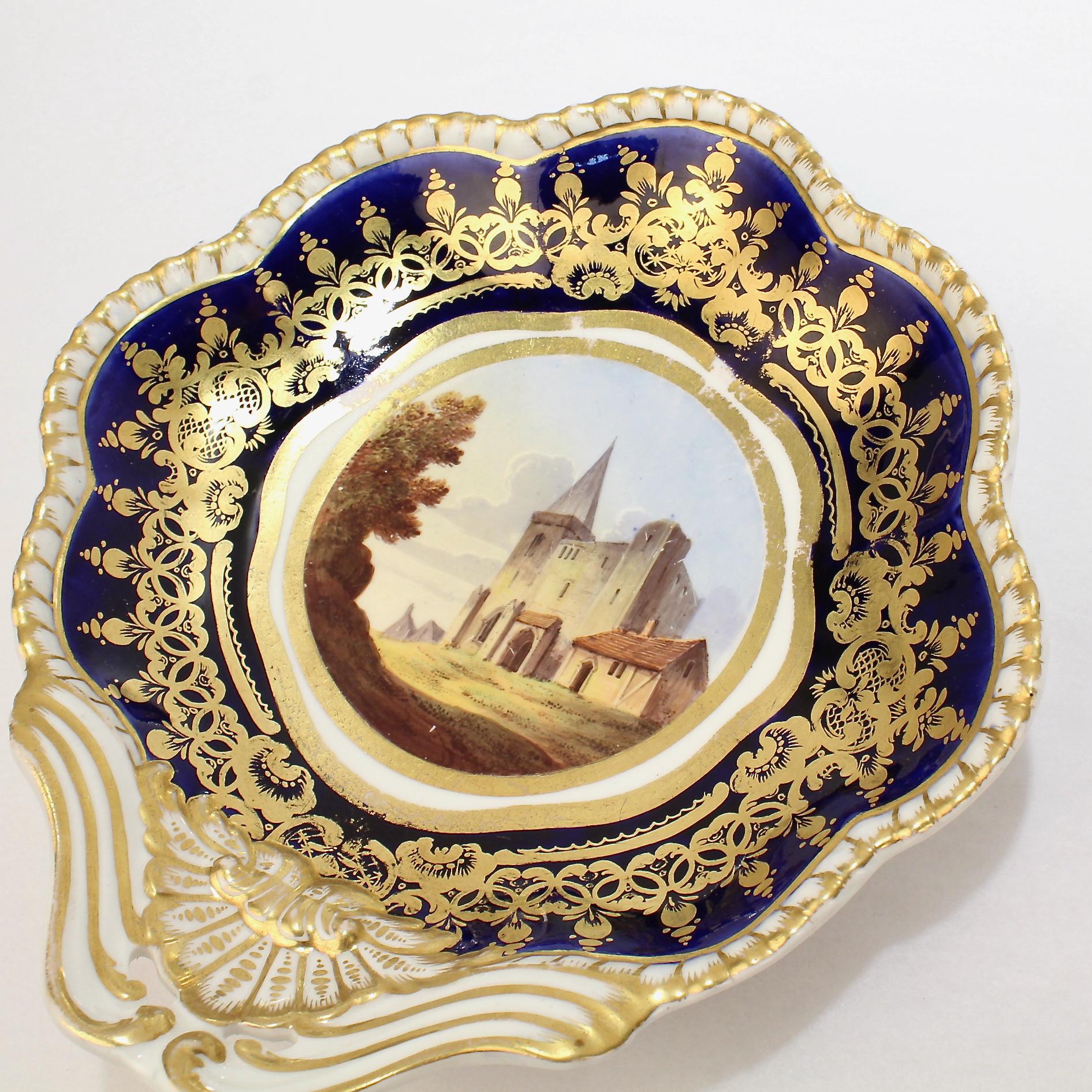 Paire d'anciens bols à crevettes Spode en porcelaine topographique avec bordure bleu cobalt en vente 6