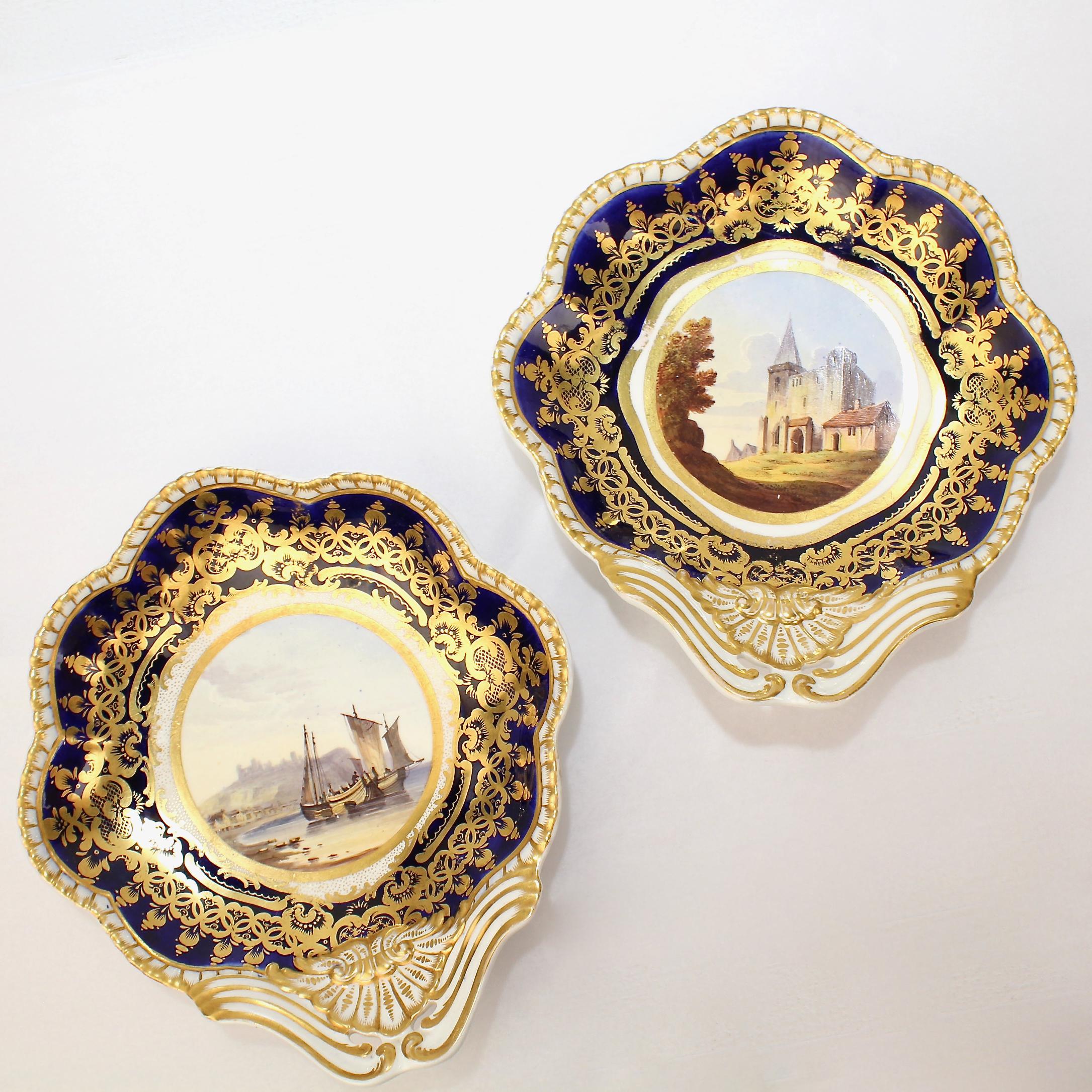 Regency Pair of Antique Spode Topographical Porcelain Cobalt Blue Border Shrimp Bowls For Sale