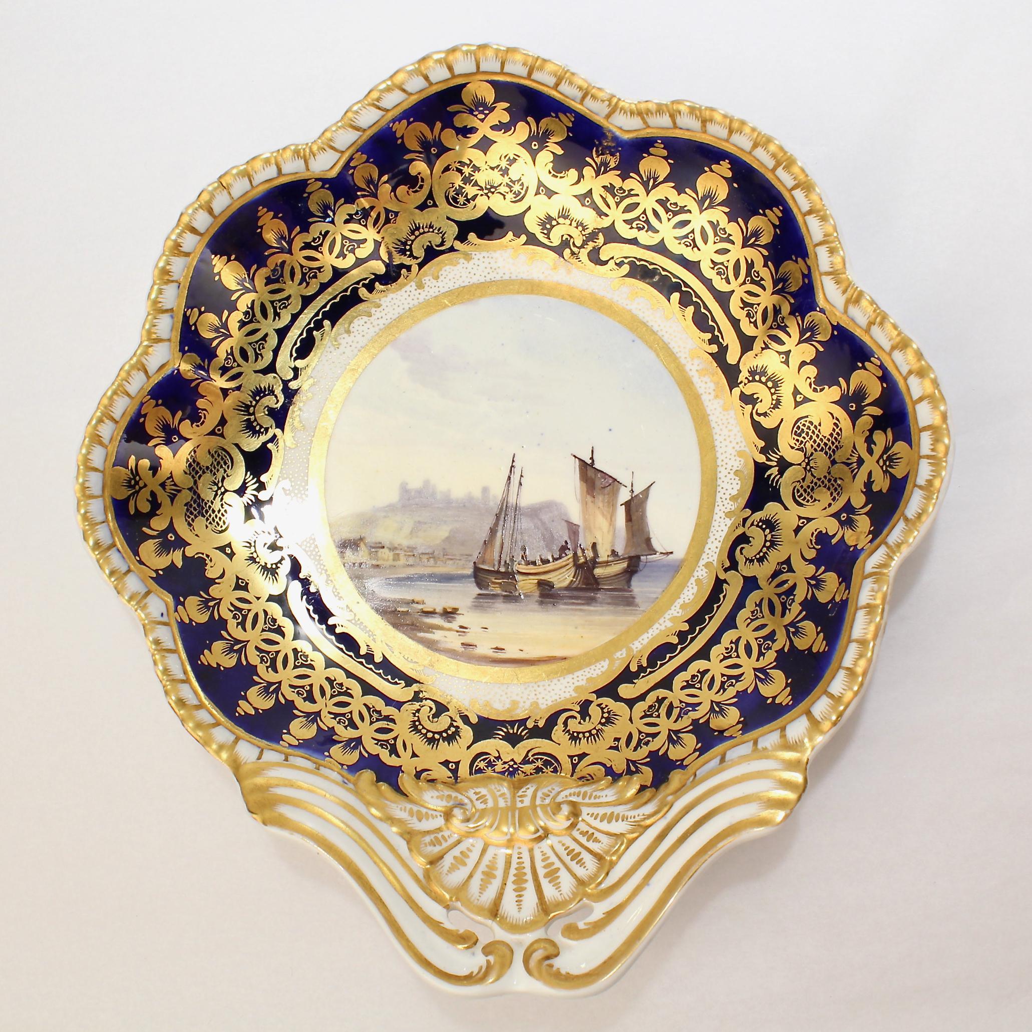 English Pair of Antique Spode Topographical Porcelain Cobalt Blue Border Shrimp Bowls For Sale