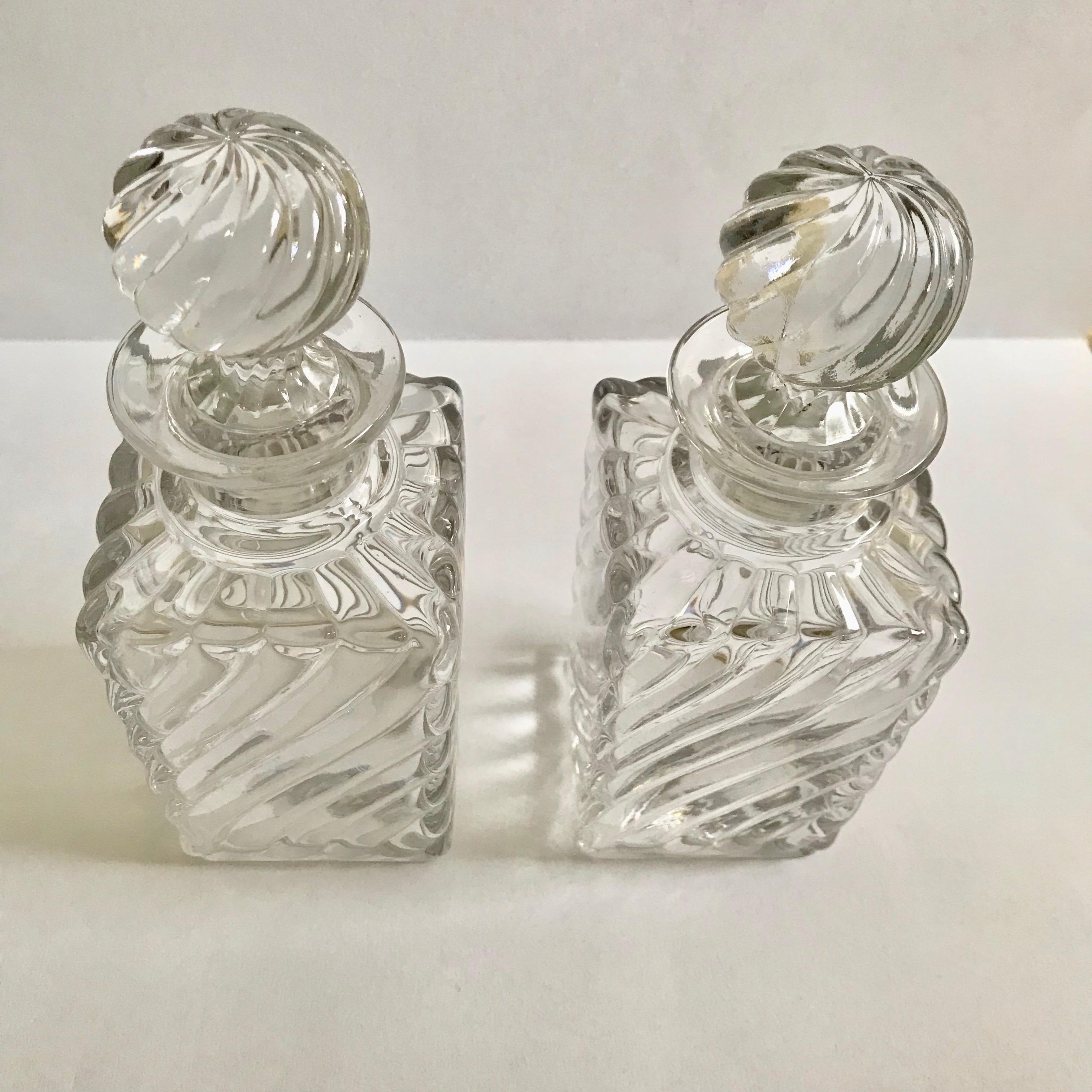 French Pair of Antique Square Base Crystal Bamboo Swirl Perfume Bottles By Baccarat