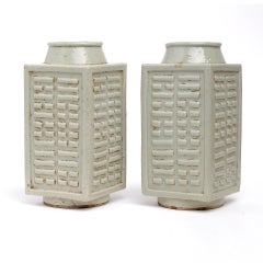 Pair of Antique Square Celadon China Vases