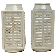 Pair of Vintage Square Celadon China Vases