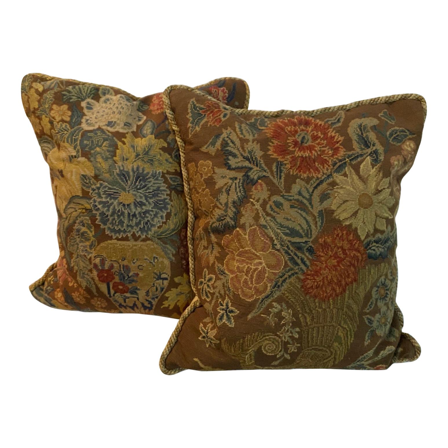 Pair of Antique Square Needlework Cushions For Sale