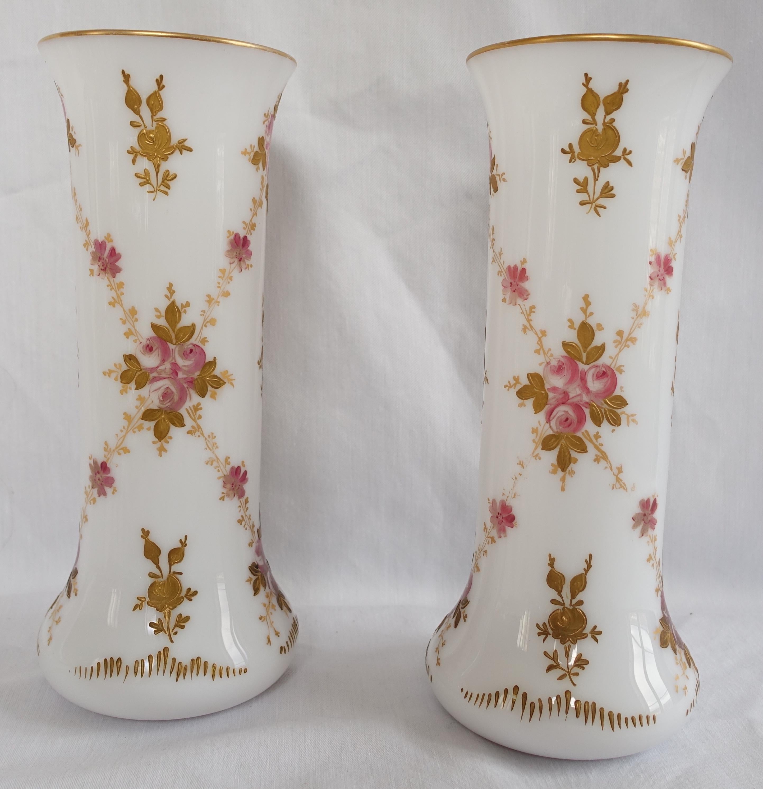 Pair of opaline crystal vases by French crystal maker St Louis.
Beautiful Napoleon III style production, late 19th century production circa 1880 - 1890.
Our vases are hand-painted and enhanced with fine gold flowers decoration (peonies).
In