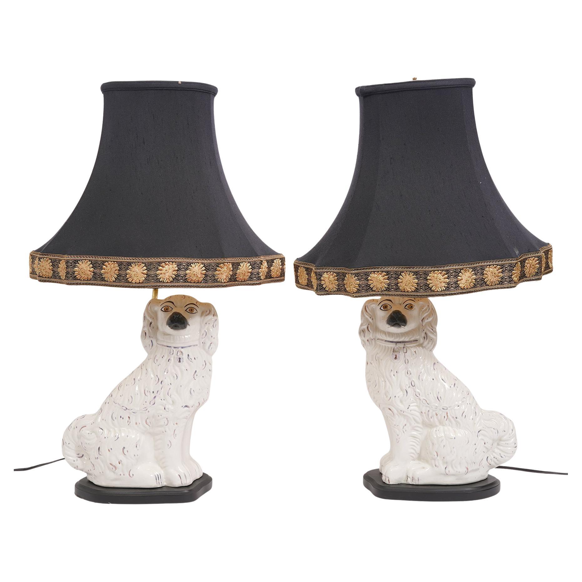 Pair of Antique Staffordshire Dog Table Lamps on Wooden Base W/ or W/O Shades