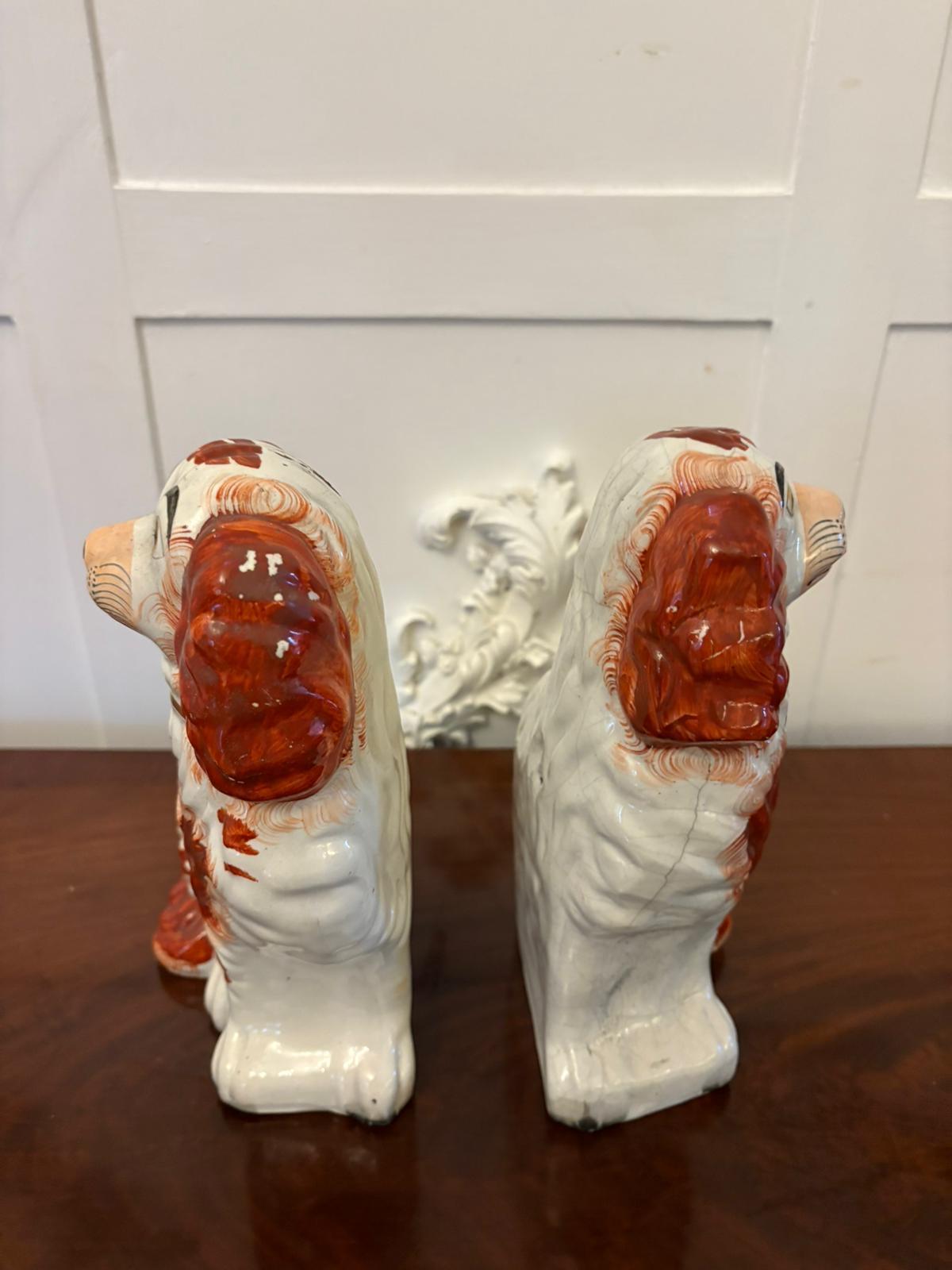 Charmante paire de figurines d'épagneuls en poterie Staffordshire de l'époque victorienne. Ces épagneuls King Charles classiques, rouges et blancs, sont magnifiquement peints à la main avec des visages expressifs, des colliers dorés, des cadenas et