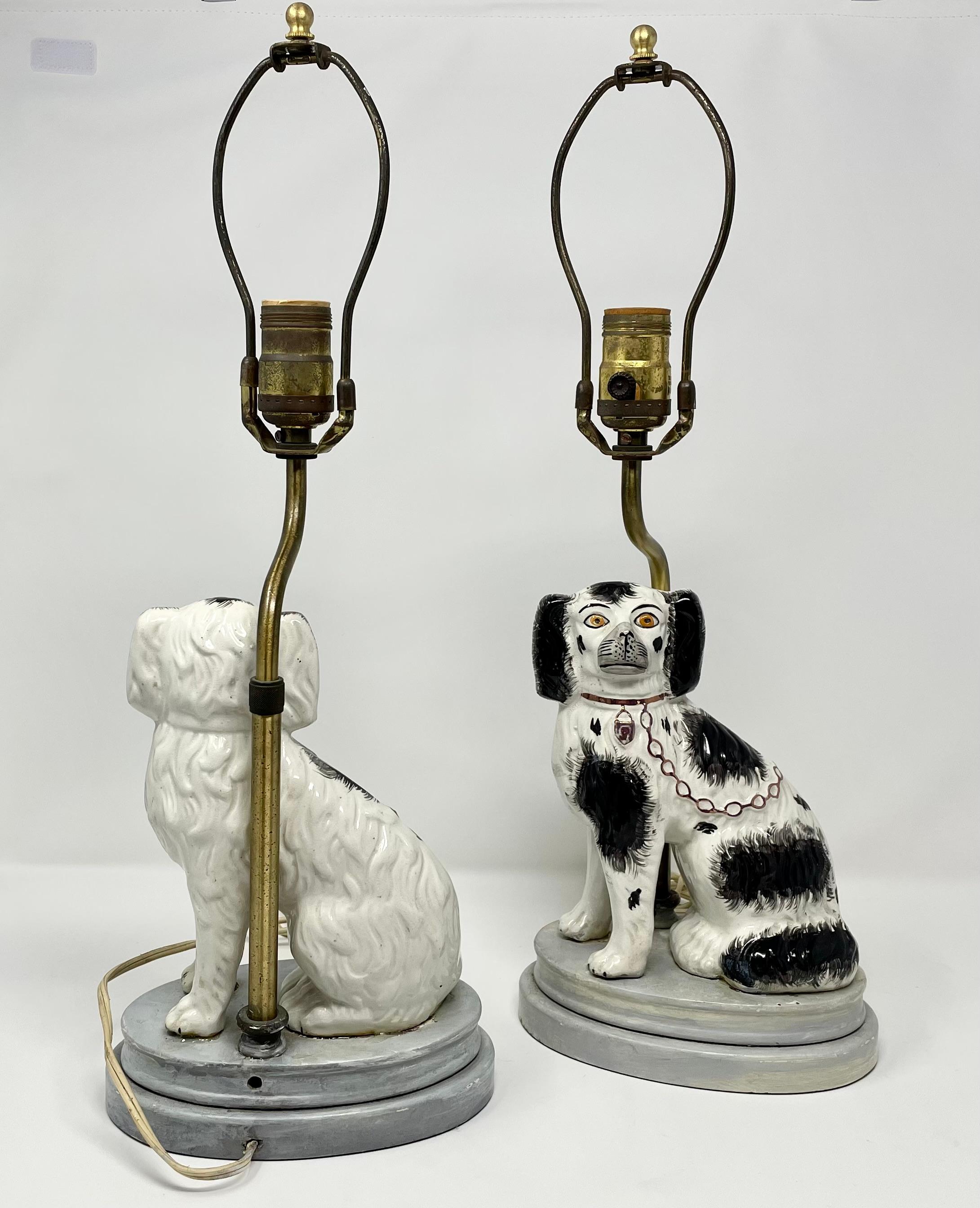 19th Century Pair of Antique Staffordshire Spaniels Converted Lamps circa 1880 For Sale