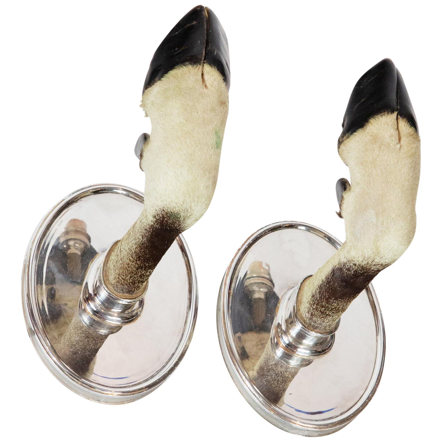 Pair of Antique Stag Hoof and Silver Plate Electrified Sconces