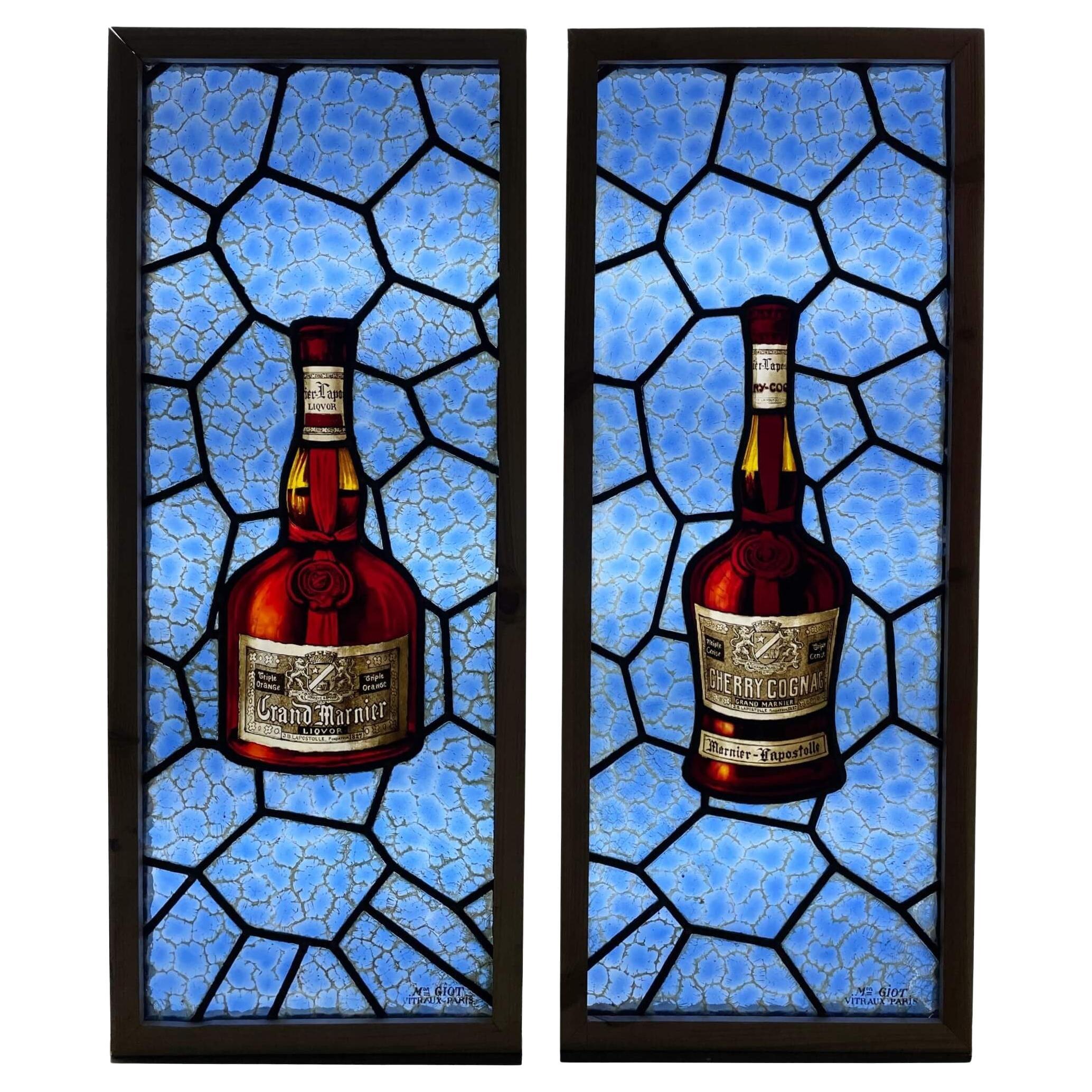 Paar antike Glasmalerei Liquor Werbung Panels