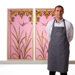 Pair of Antique Stained Glass Panels Depicting Garden Scene