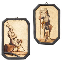 Pair of Antique Stained Glass Panels of Medieval Soldiers