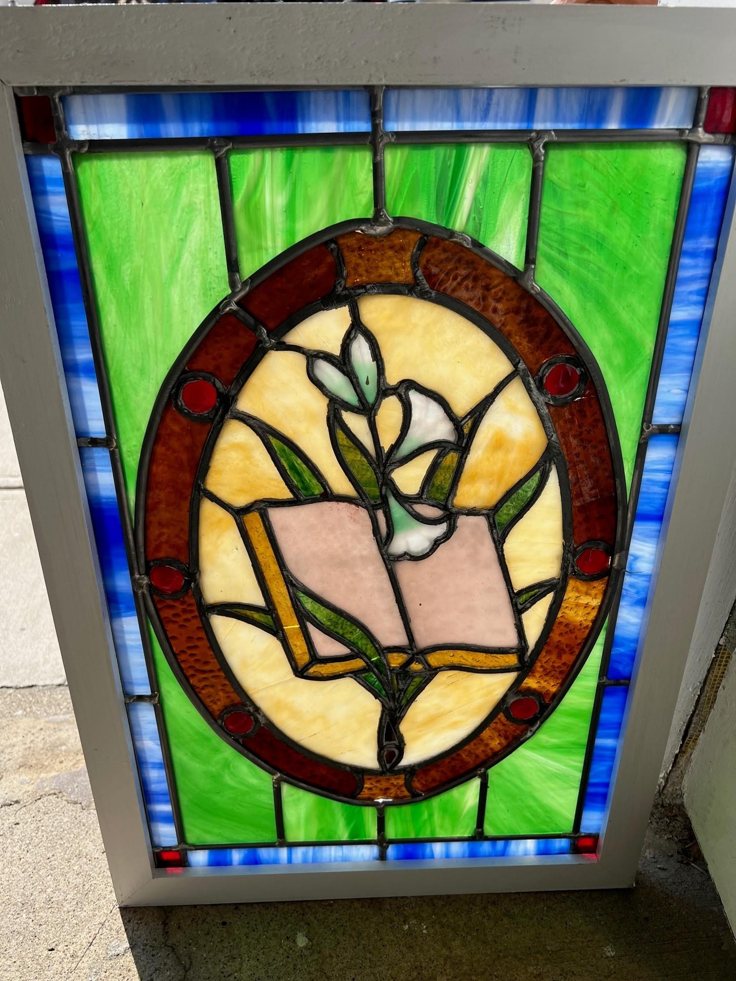 Pair of Antique Stained Glass Religious Windows with New Wood Frames  In Good Condition For Sale In Stamford, CT