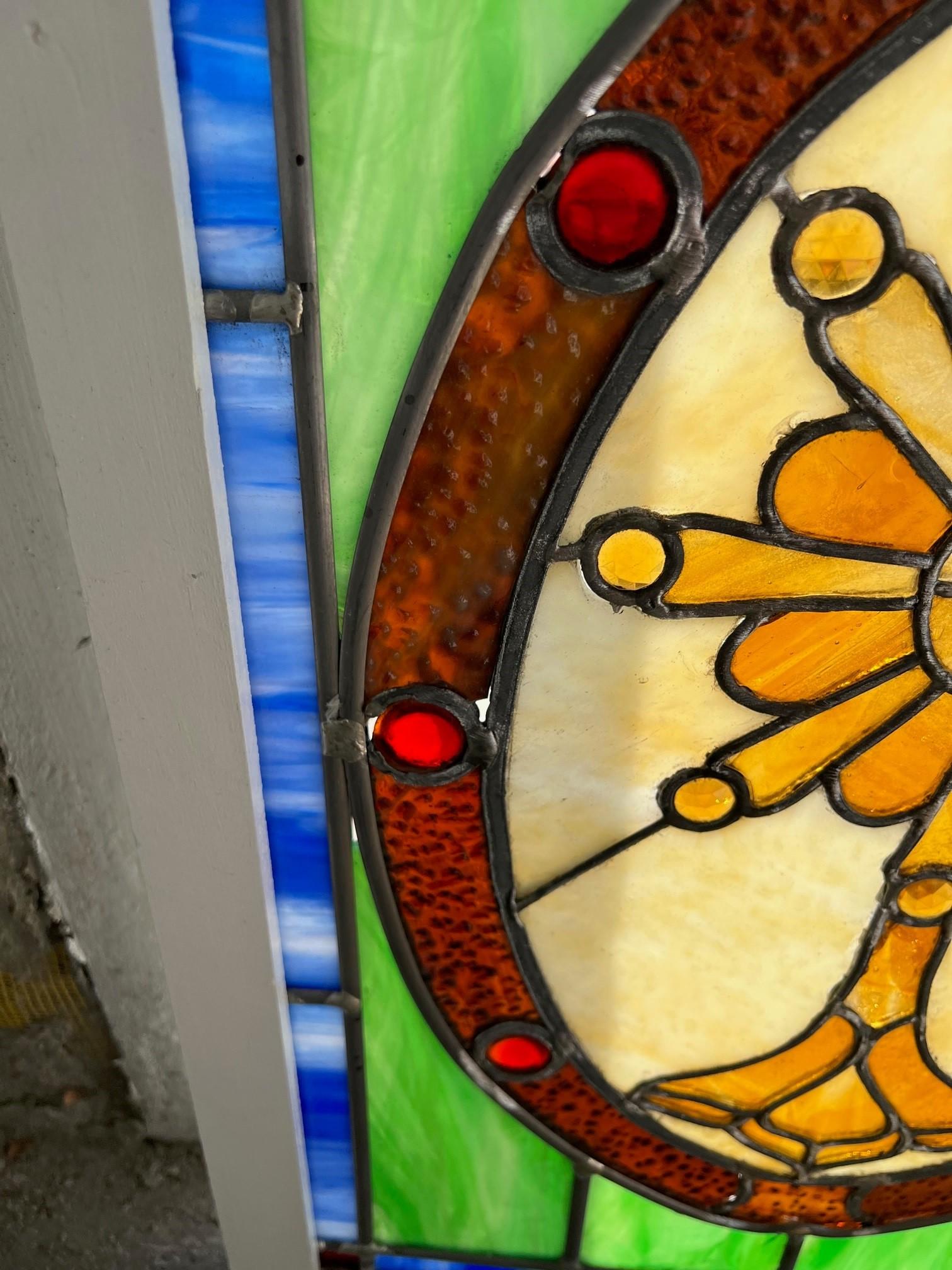 20th Century Pair of Antique Stained Glass Religious Windows with New Wood Frames  For Sale