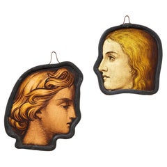 Pair of Antique Stained Glass Window Hanging Heads