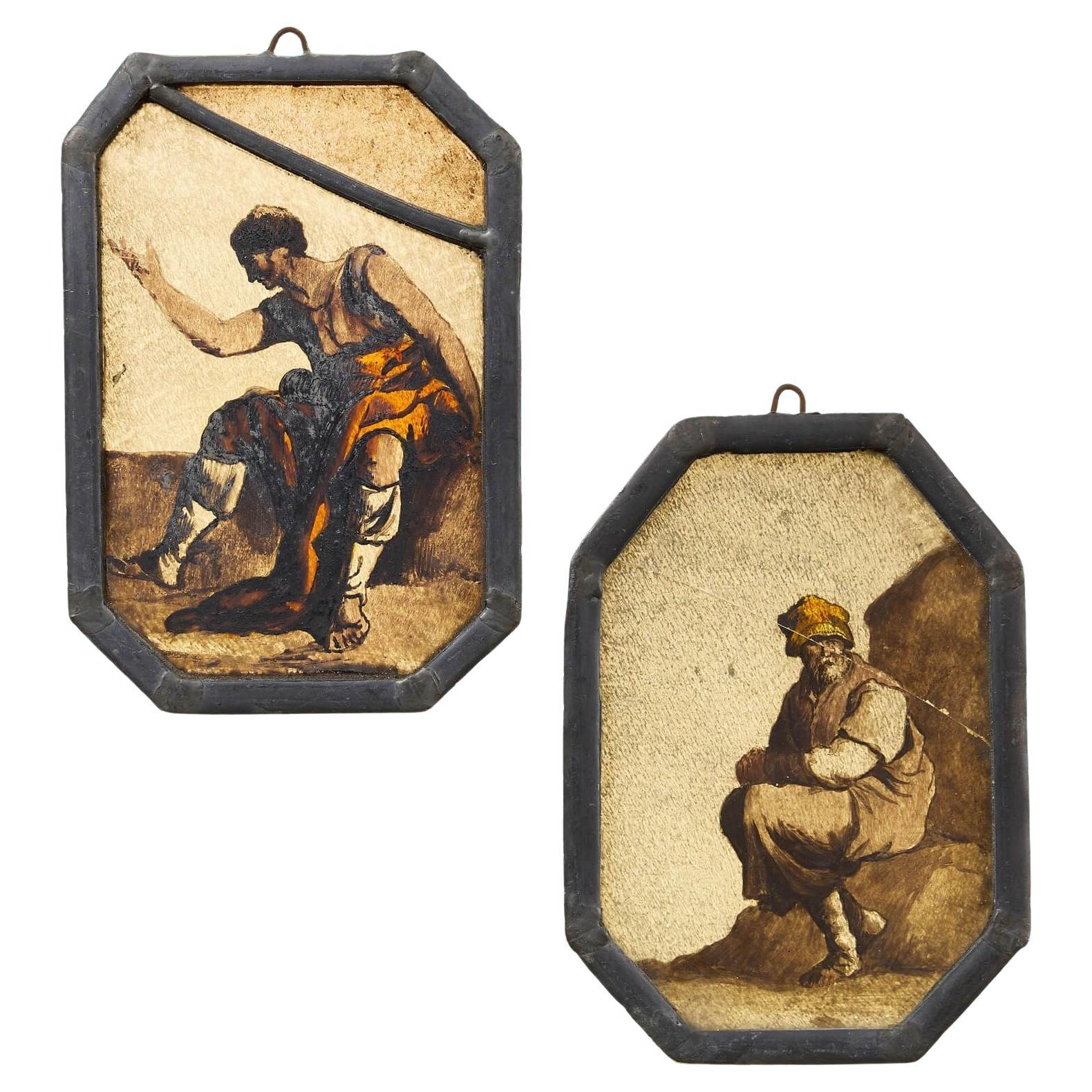Coppia di antiche vetrate con figure neoclassiche