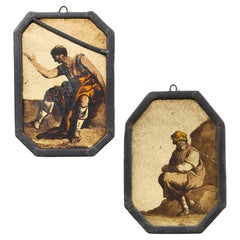 Coppia di antiche vetrate con figure neoclassiche