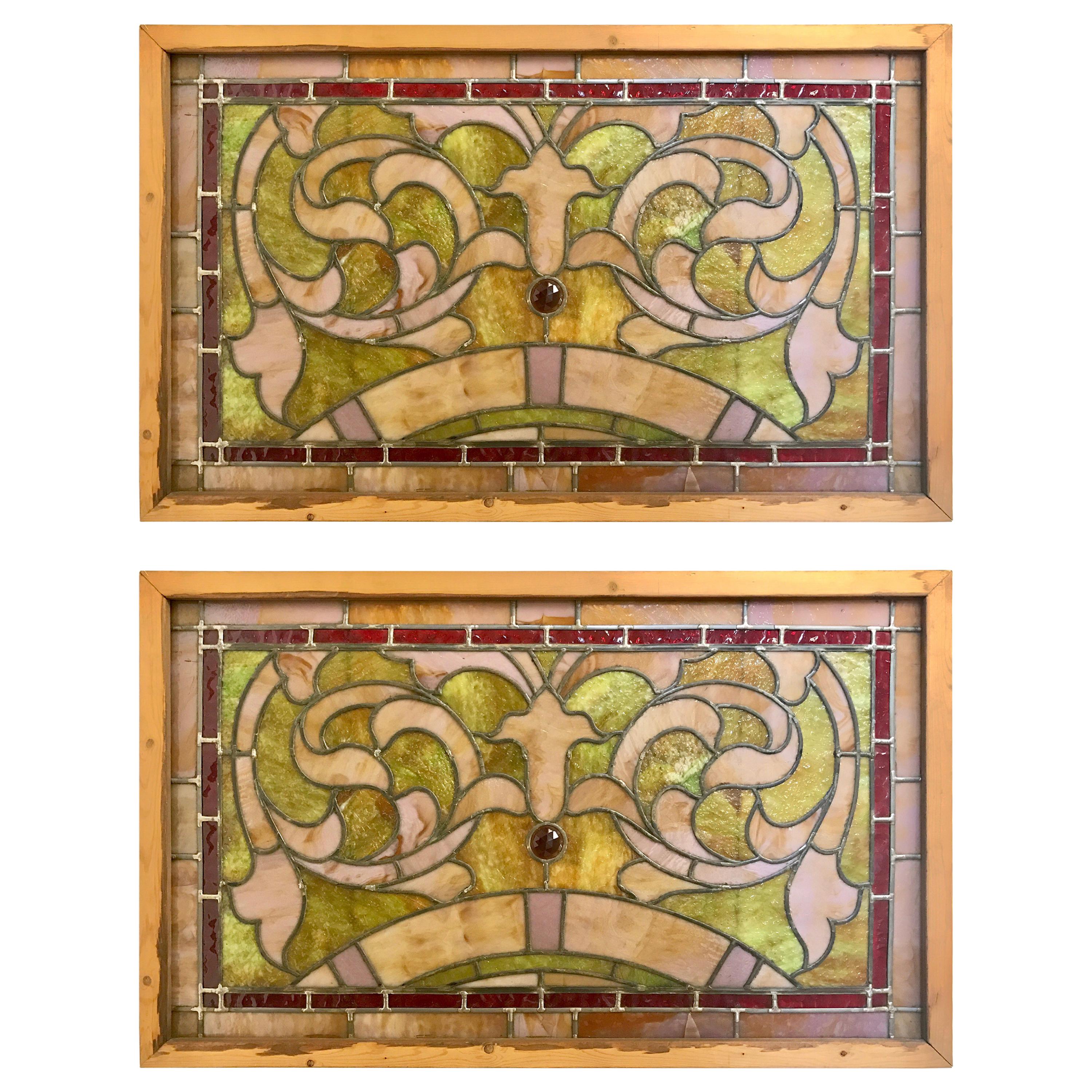 Pair of Antique Stained Glass Windows