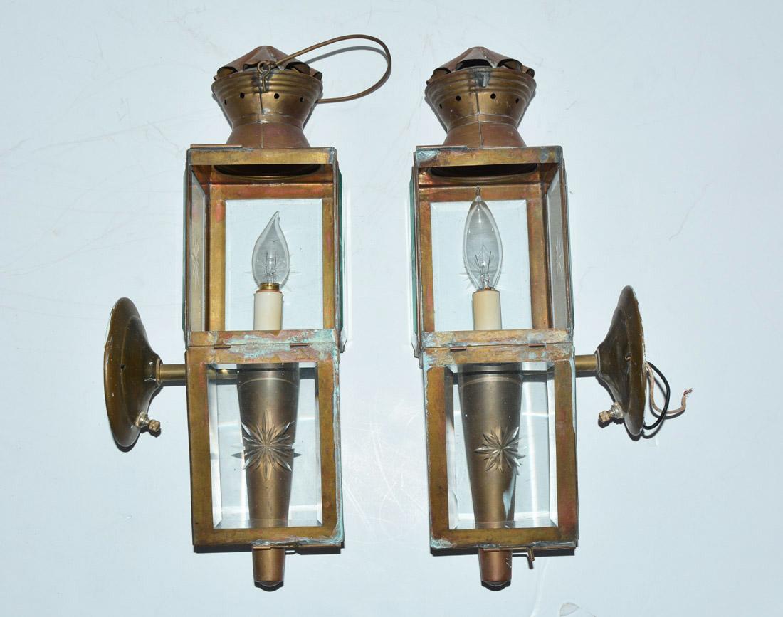 Hand-Crafted Pair of Antique Star Pattern Cut Glass Carriage Light Wall Sconces