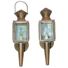 Pair of Antique Star Pattern Cut Glass Carriage Light Wall Sconces
