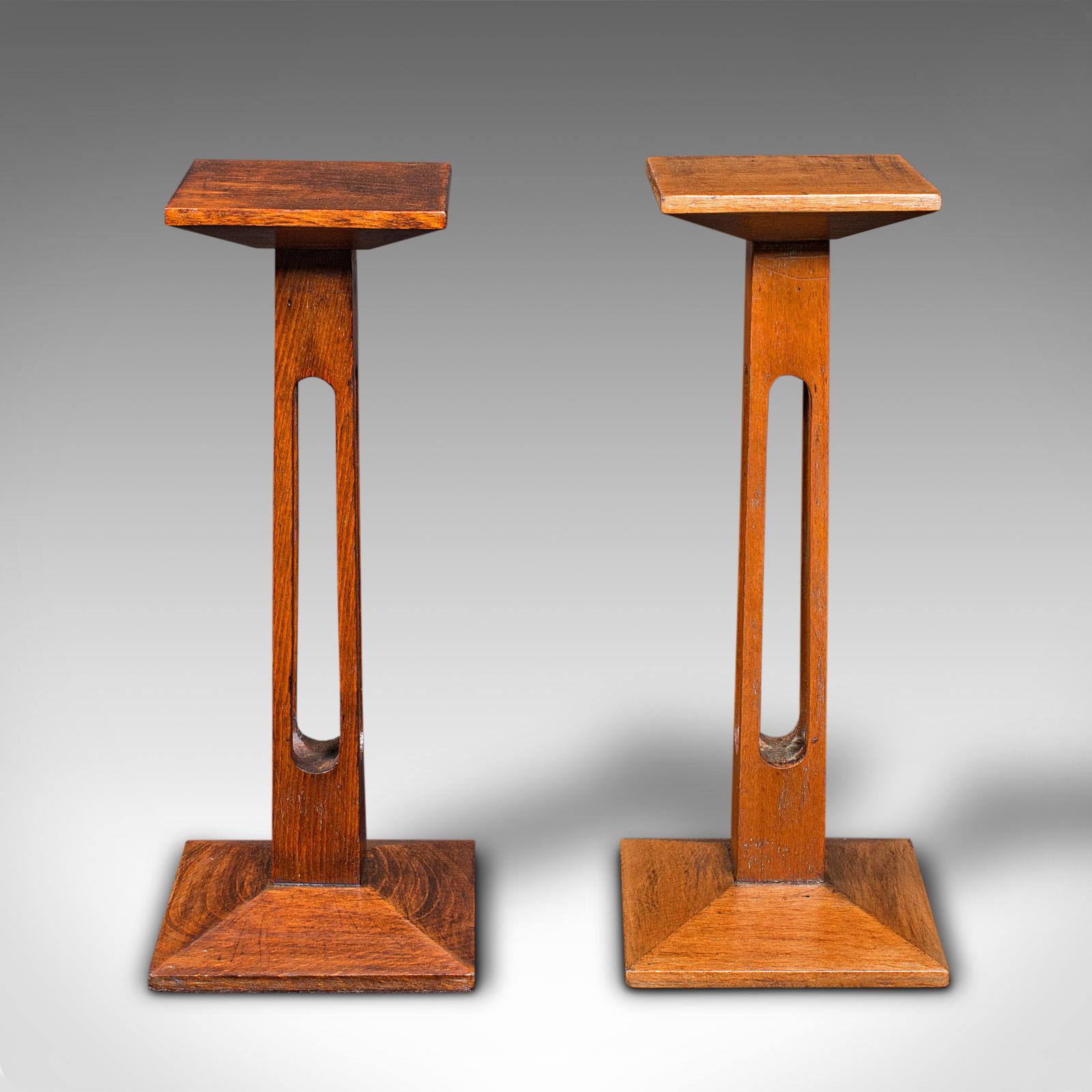 This is a pair of antique statue stands. An English, oak pedestal or torchere column, dating to the Edwardian period, circa 1910.

Perfect stands for presenting small busts or vases
Displaying a desirable aged patina and in good original