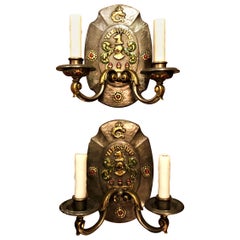 Pair of Antique Steel and Enamel Sconces Signed "Caldwell, ", circa 1920s