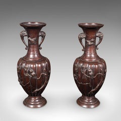 Pair Of Antique Stem Vases, Japanese, Bronze, Meiji Era, Baluster Urn, Victorian