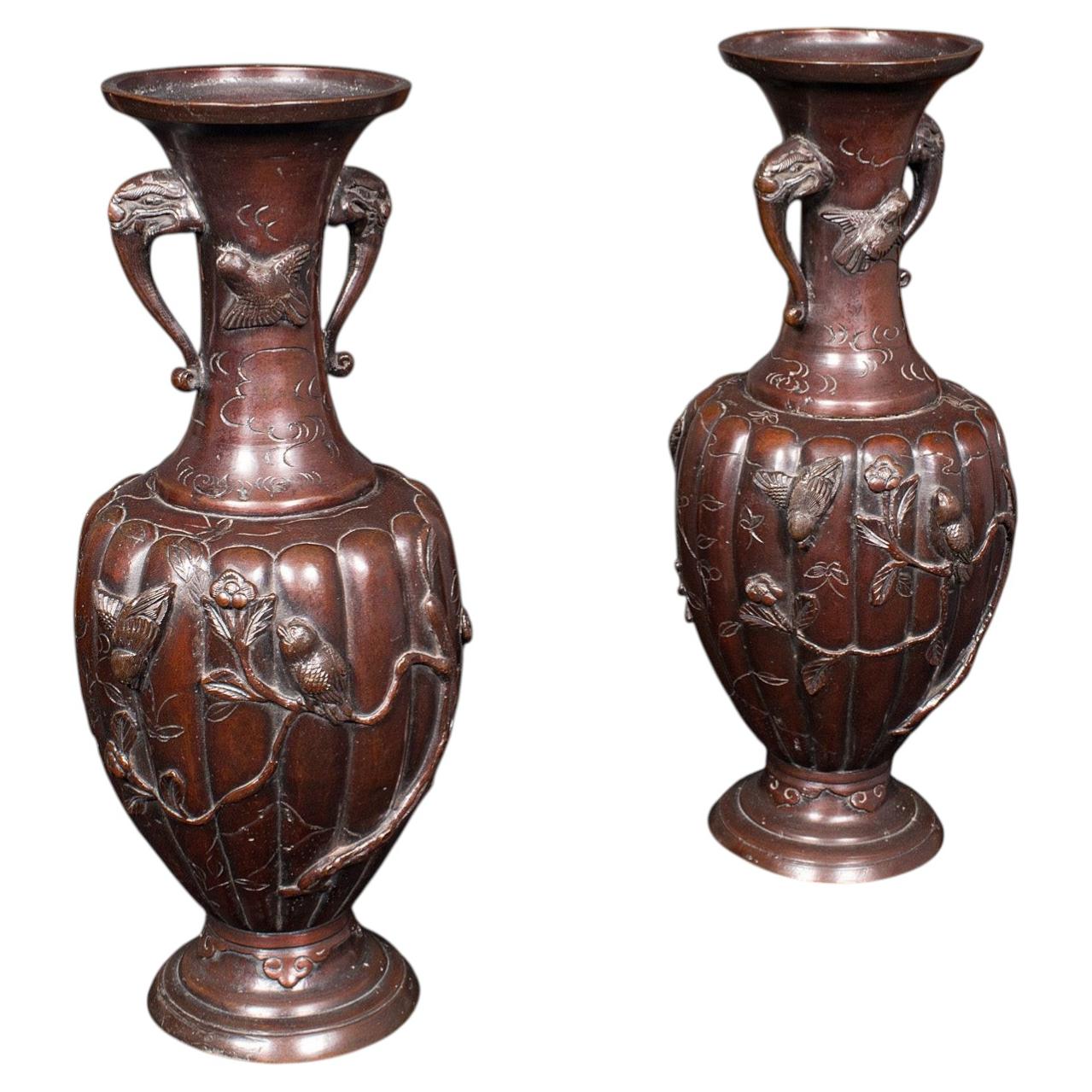 Coppia di vasi a stelo antichi, giapponese, bronzo, epoca Meiji, urna a balaustro, vittoriano