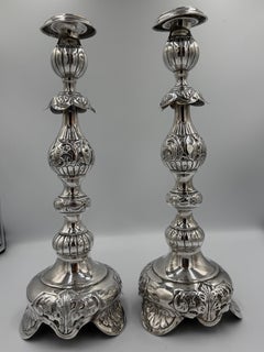 Pair of Antique Sterling Silver Baroque Revival Candlesticks with Repoussé