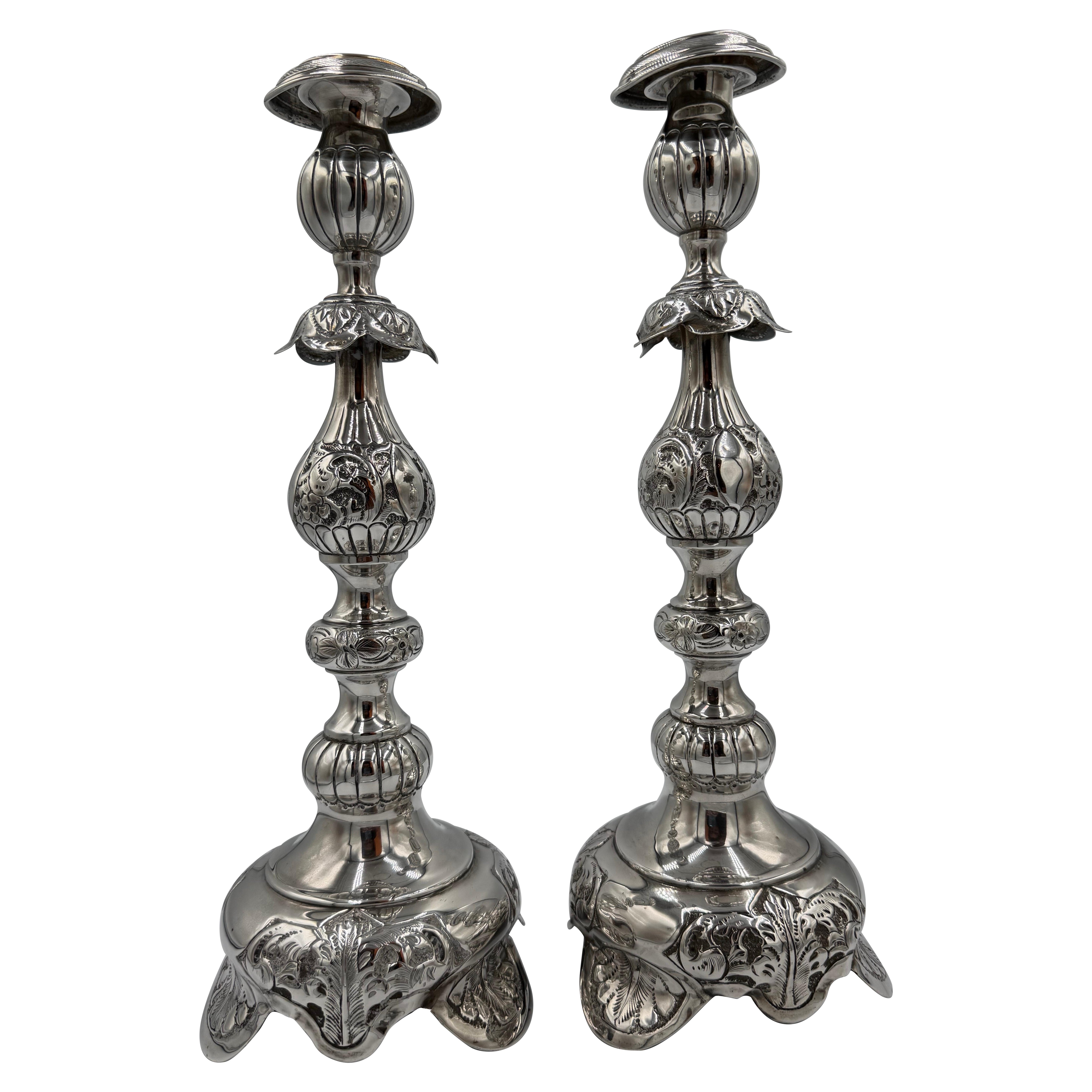 Pair of Antique Sterling Silver Baroque Revival Candlesticks with Repoussé