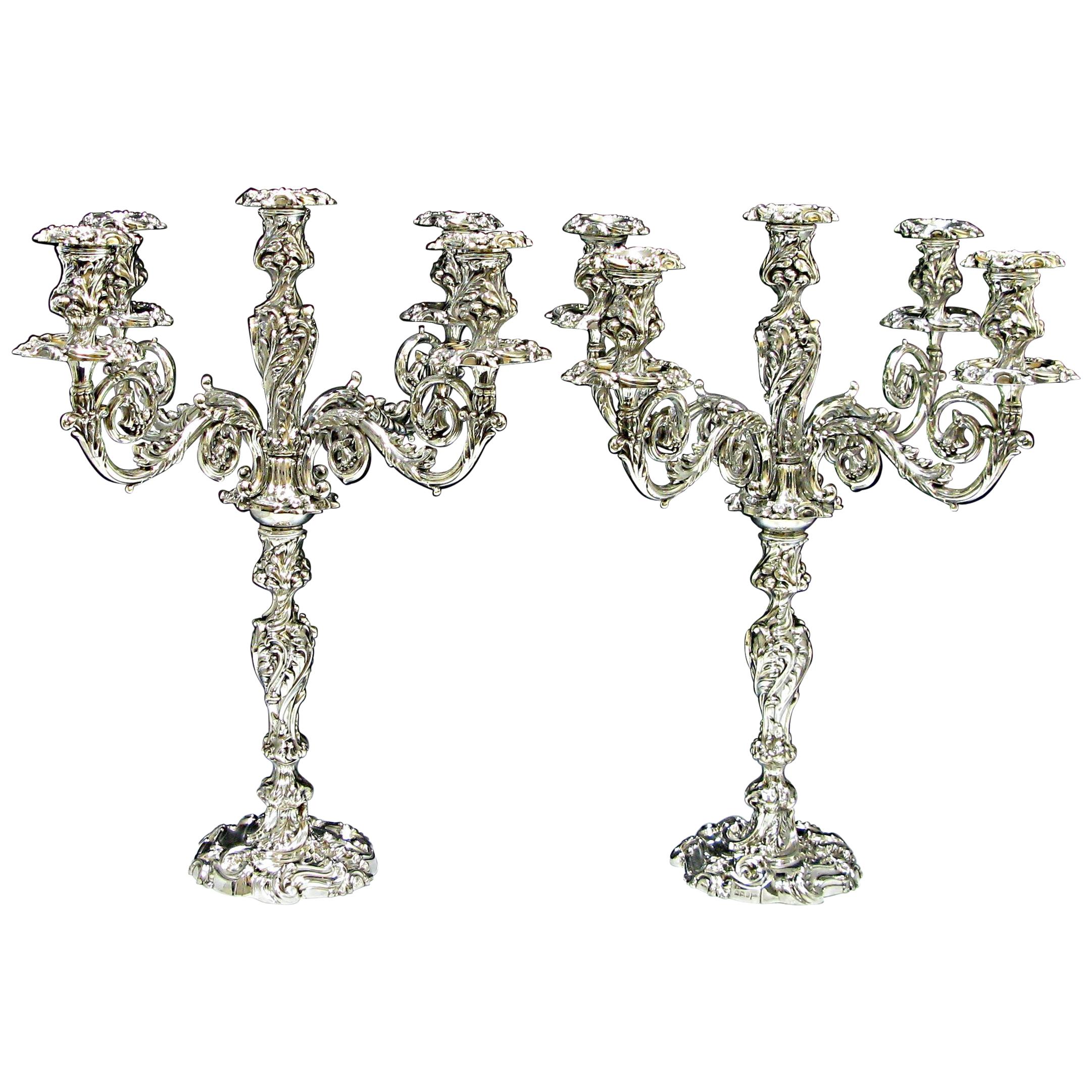 Pair of Antique Sterling Silver Five-Light Candelabra by Walker & Hall