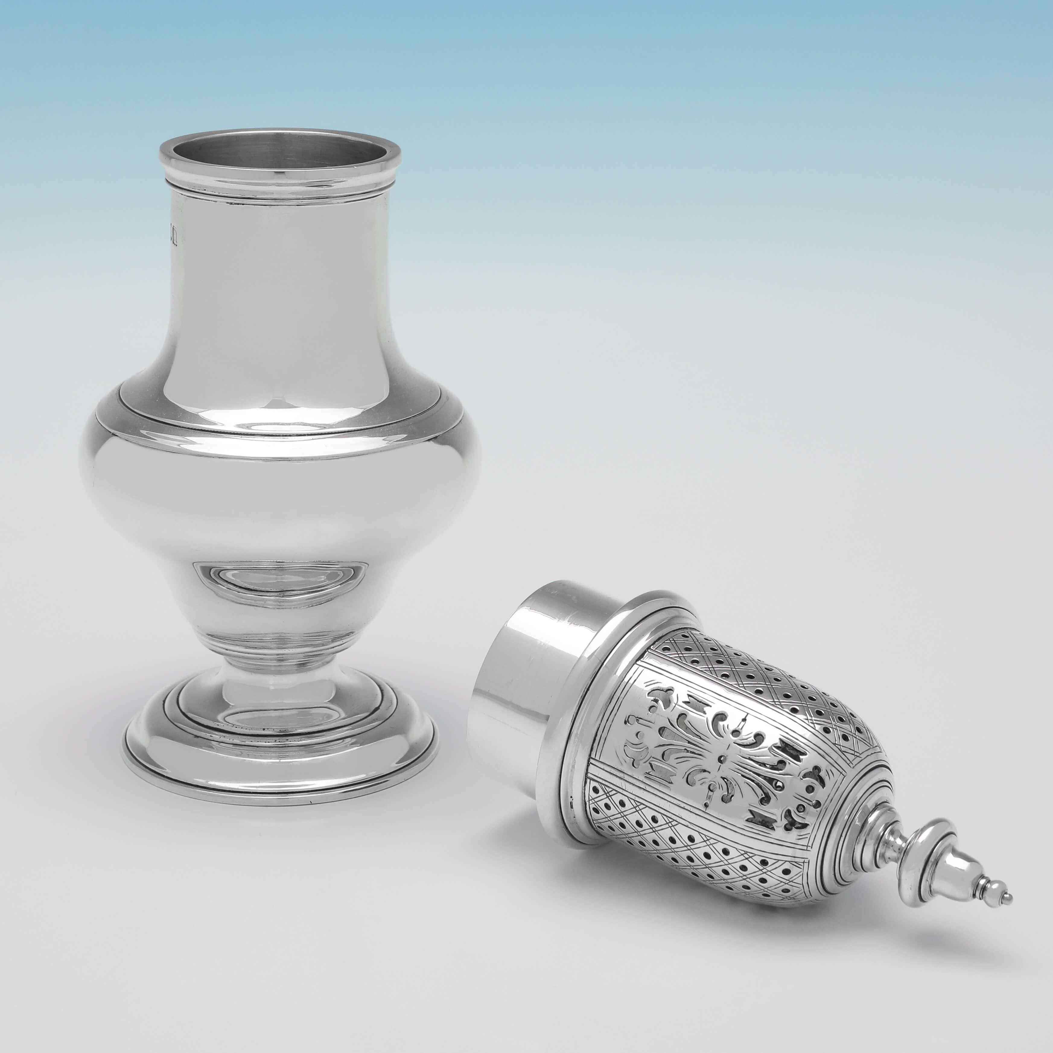 English Pair of Antique Sterling Silver Sugar Casters, 1908 & 1911 by J. Parkes & Co. For Sale