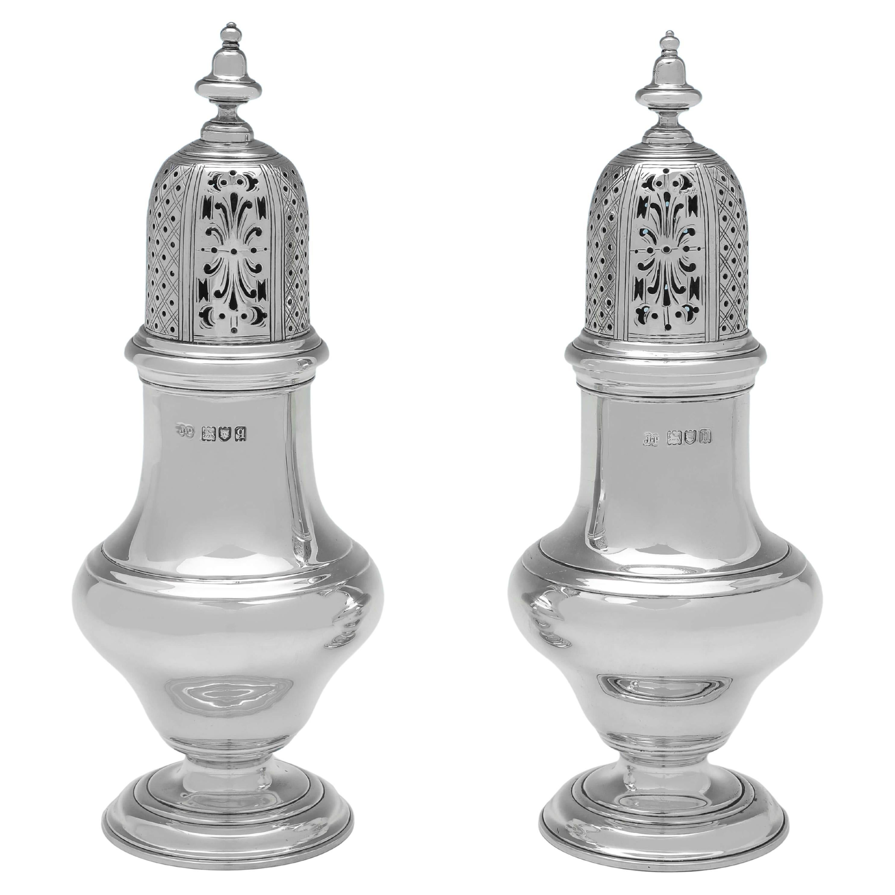 Pair of Antique Sterling Silver Sugar Casters, 1908 & 1911 by J. Parkes & Co. For Sale