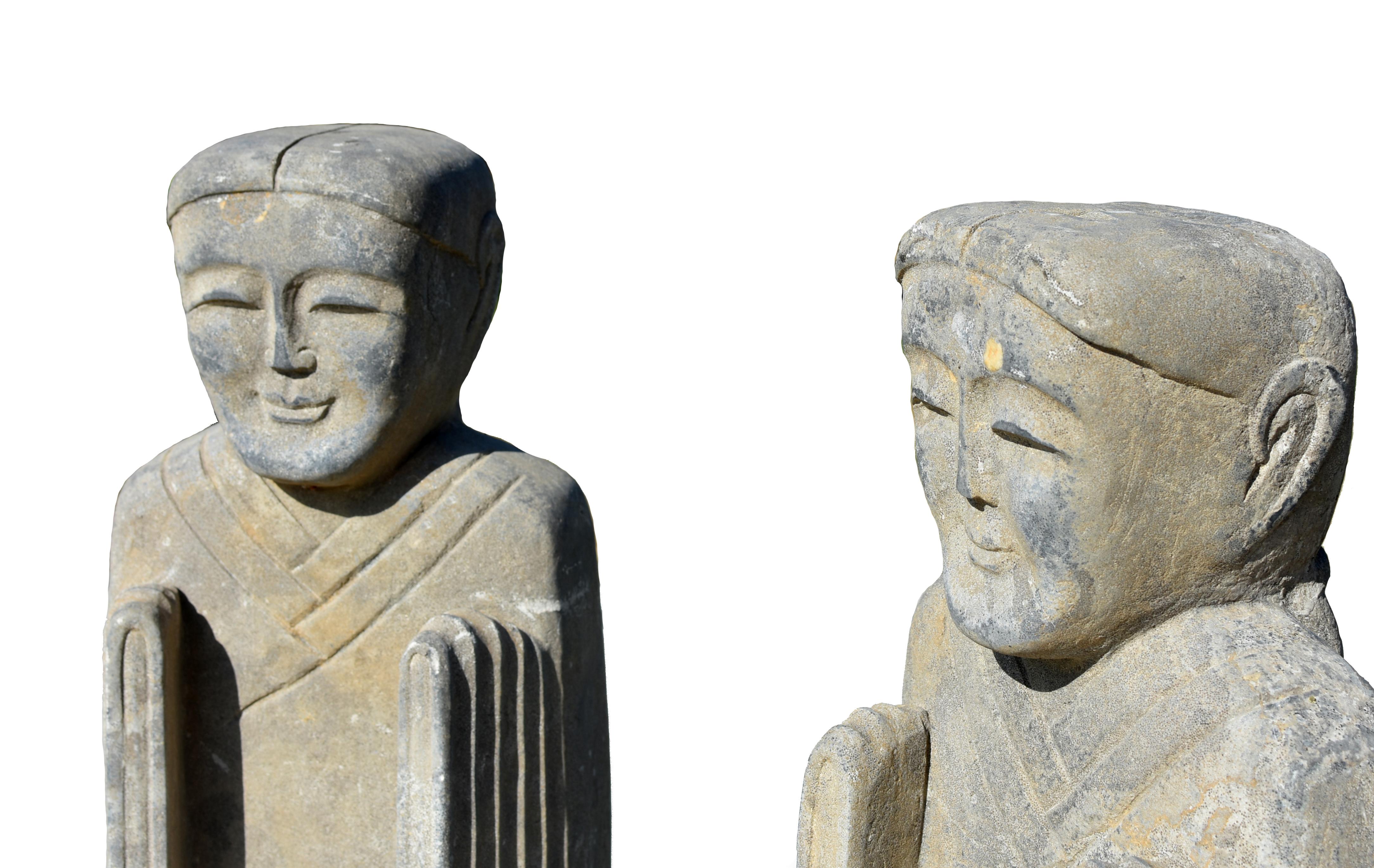 Sculpté à la main Paire de statues en pierre anciennes de style Han en vente