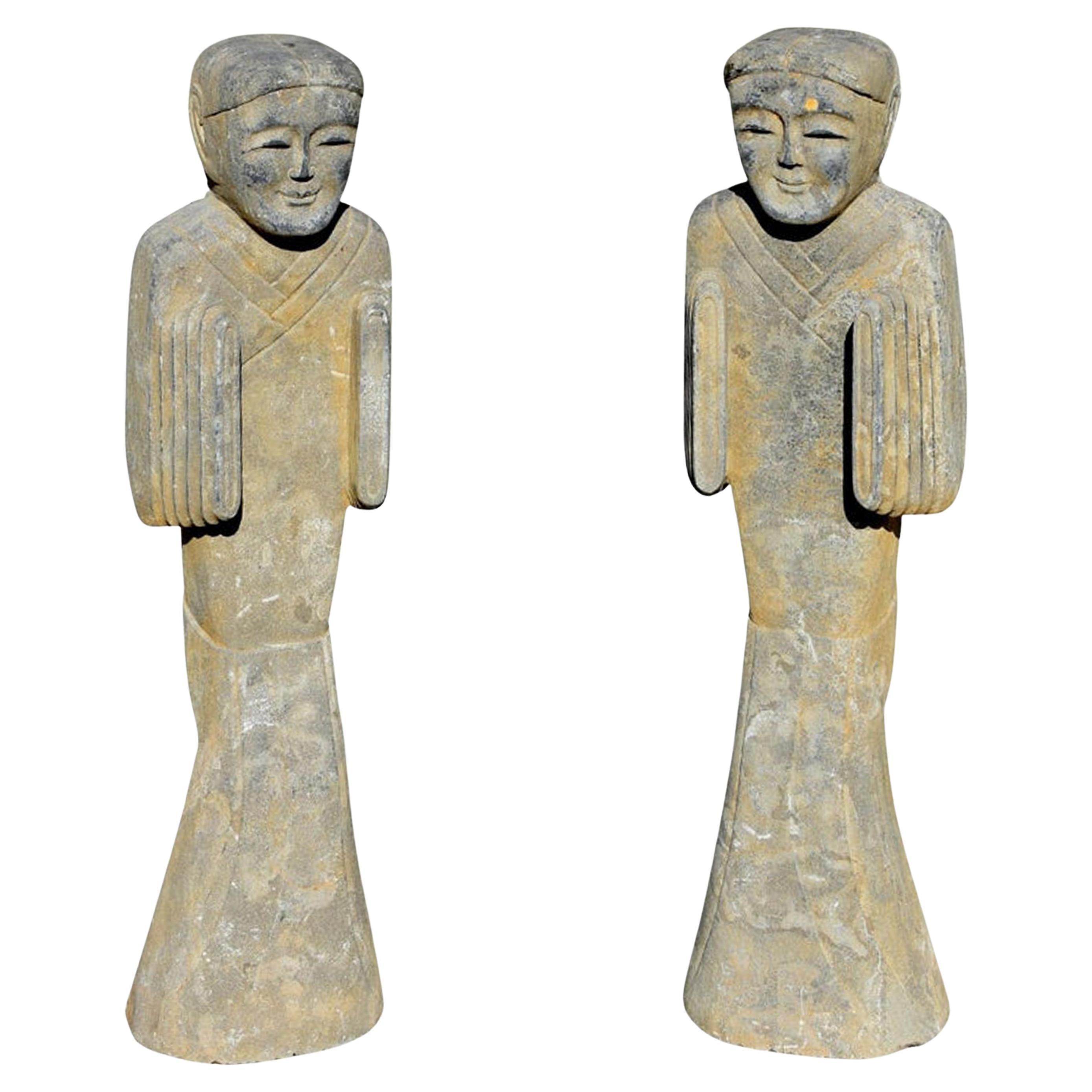 Pair of Antique Stone Figures Statues Han Style For Sale
