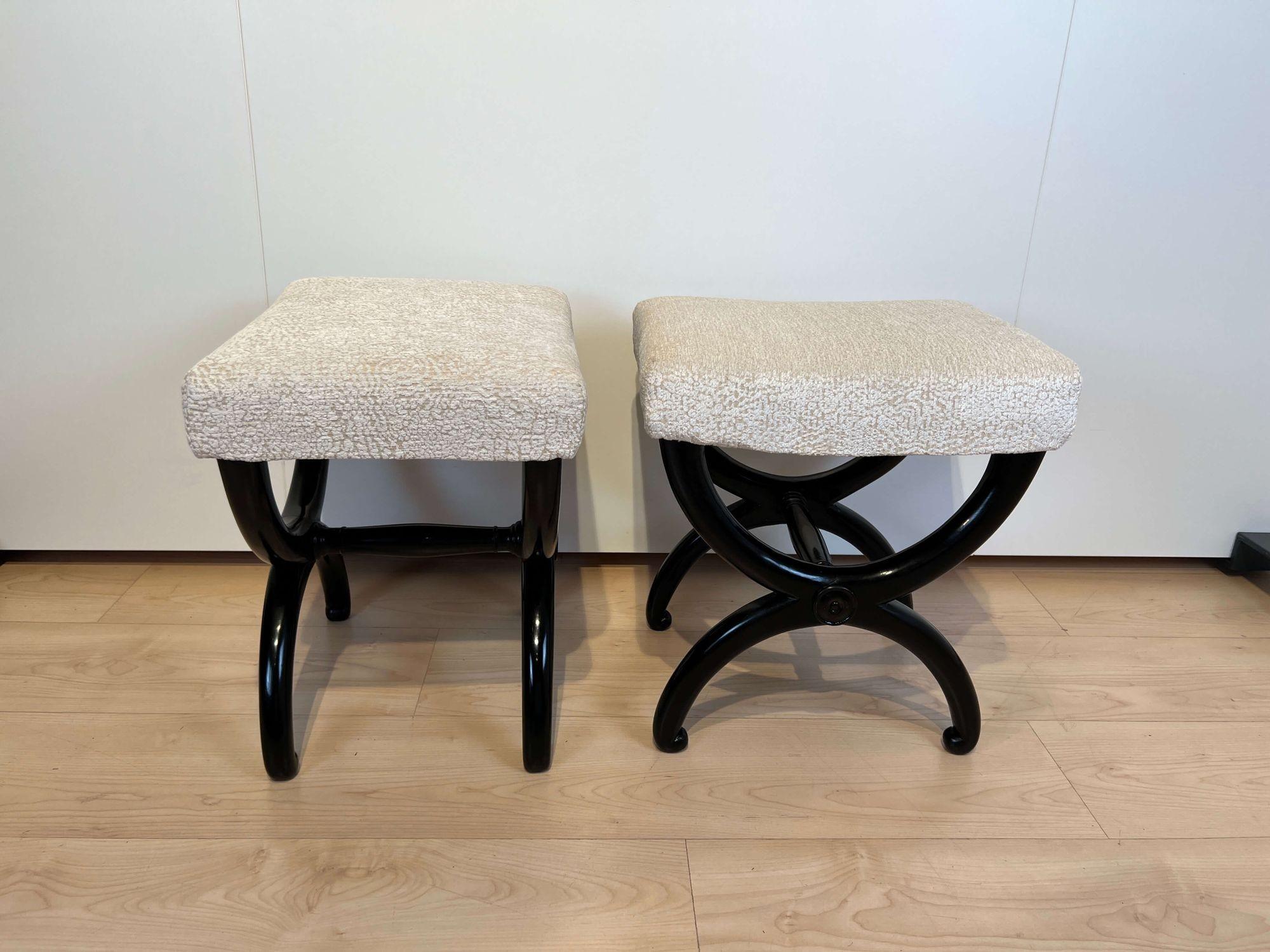 Neoclassical Pair of Antique Stools, Ebonized Beech Wood, Creme Fabric, France circa 1820 For Sale