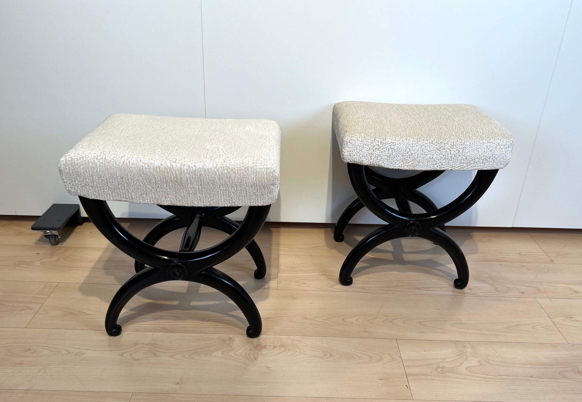 French Pair of Antique Stools, Ebonized Beech Wood, Creme Fabric, France circa 1820 For Sale