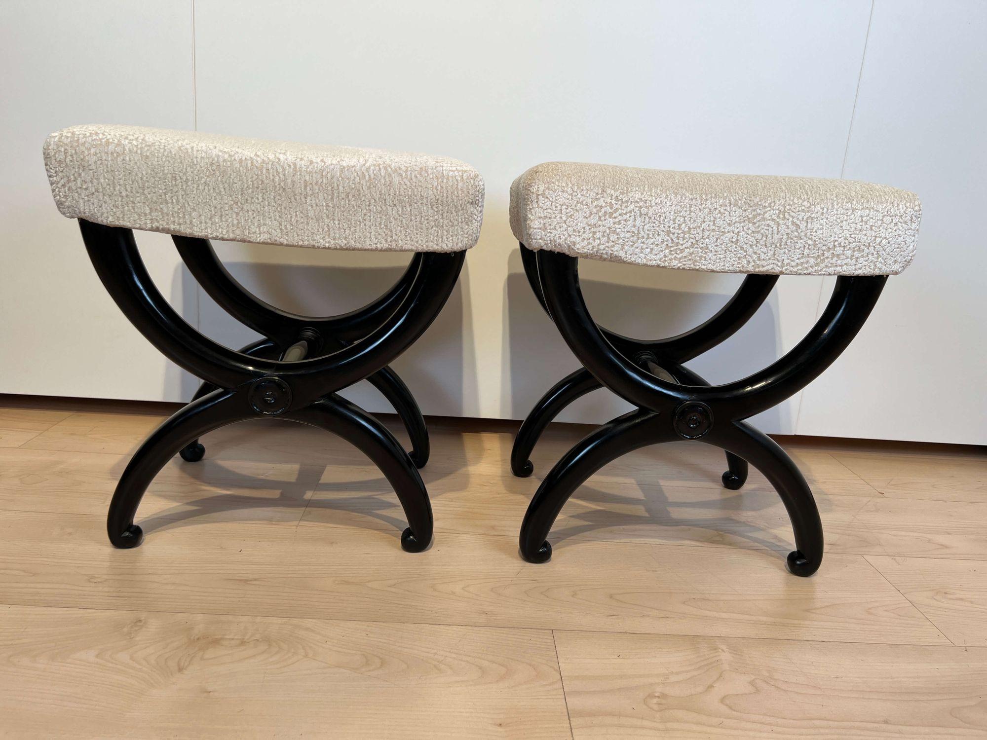 Pair of Antique Stools, Ebonized Beech Wood, Creme Fabric, France circa 1820 For Sale 1