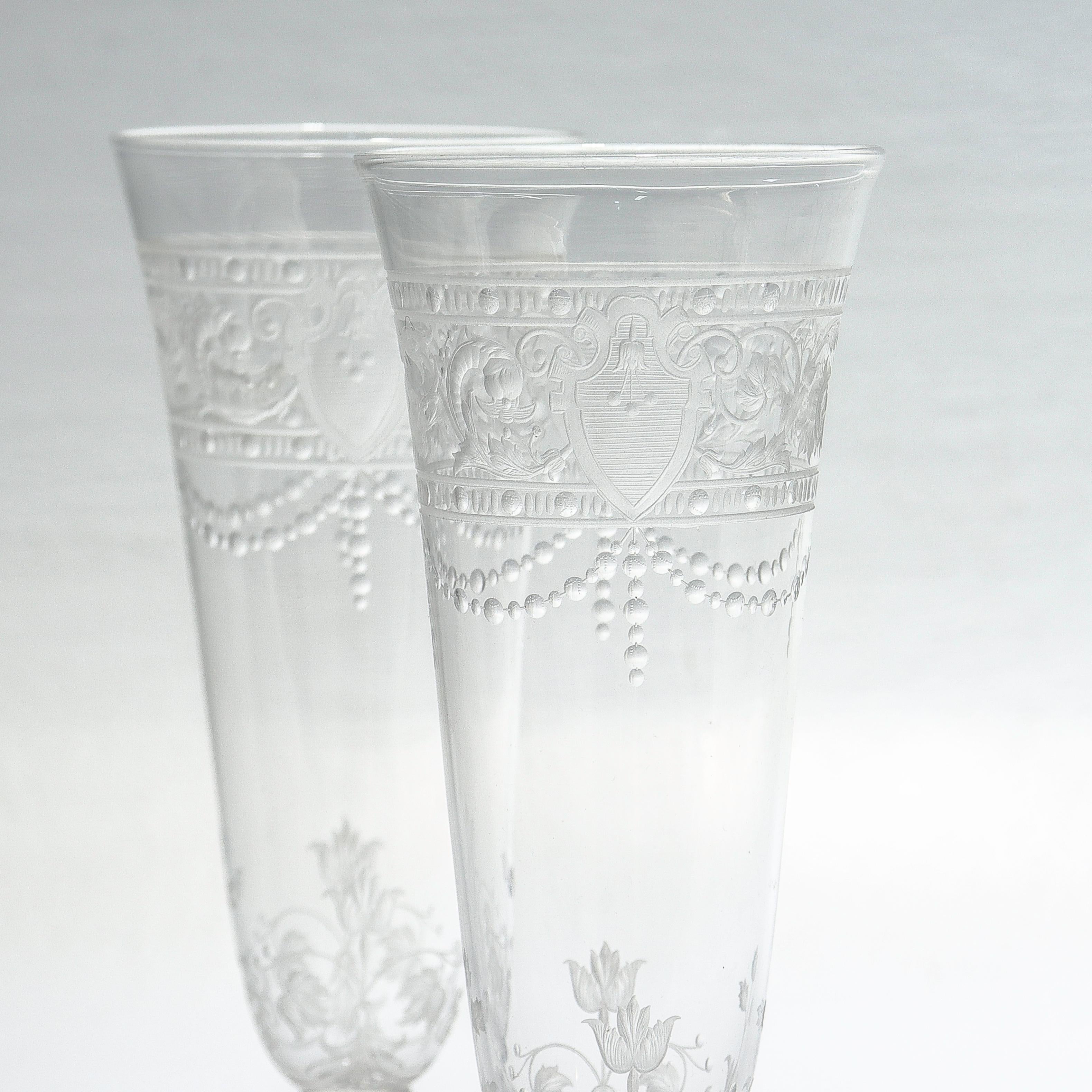 Pair of Antique Stourbridge Etched & Engraved Glass Champagne Toasting Flutes In Good Condition In Philadelphia, PA