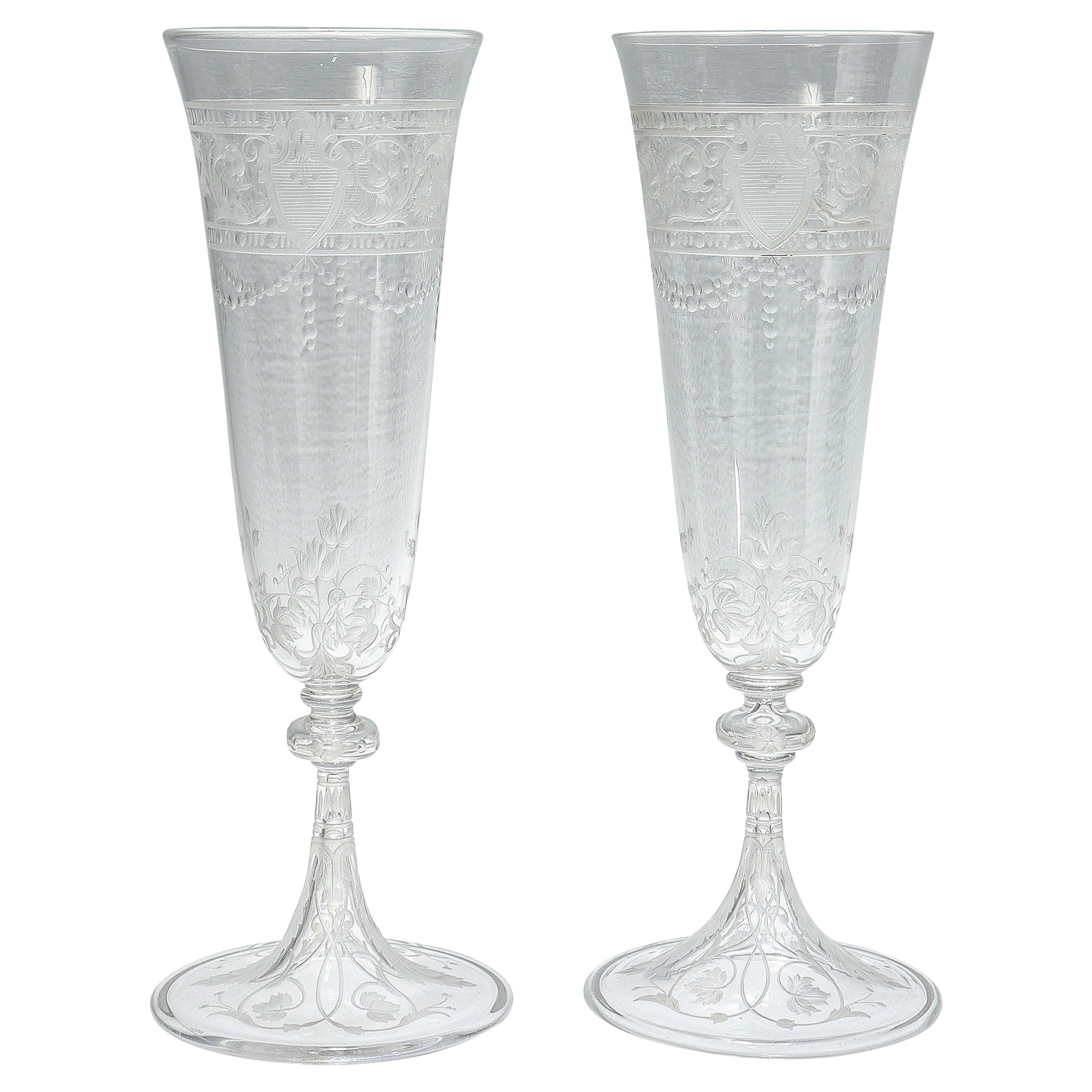 Pair of Antique Stourbridge Etched 
Engraved Glass Champagne Toasting Flutes