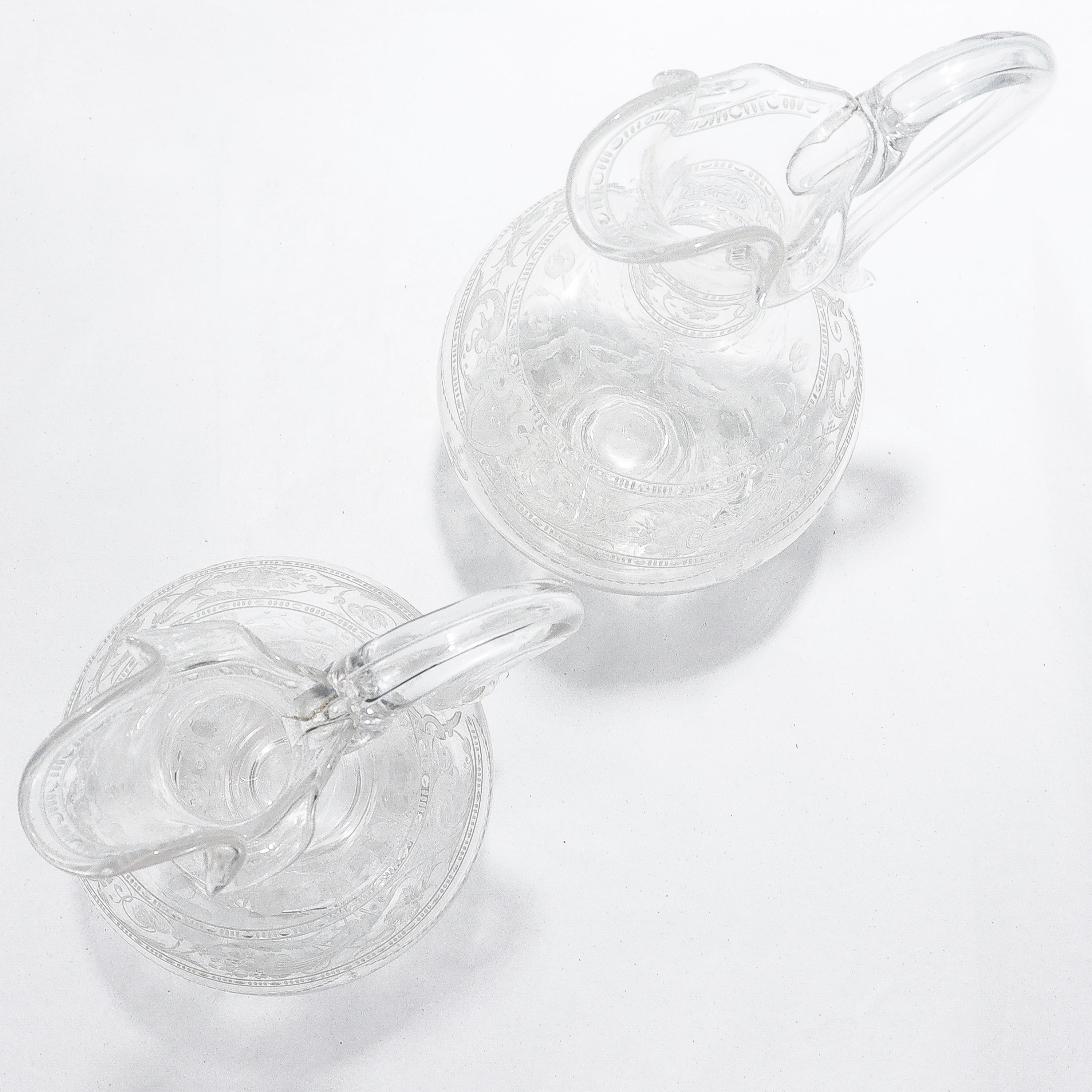 Pair of Antique Stourbridge Etched & Engraved Glass Water Pitchers or Decanters For Sale 3