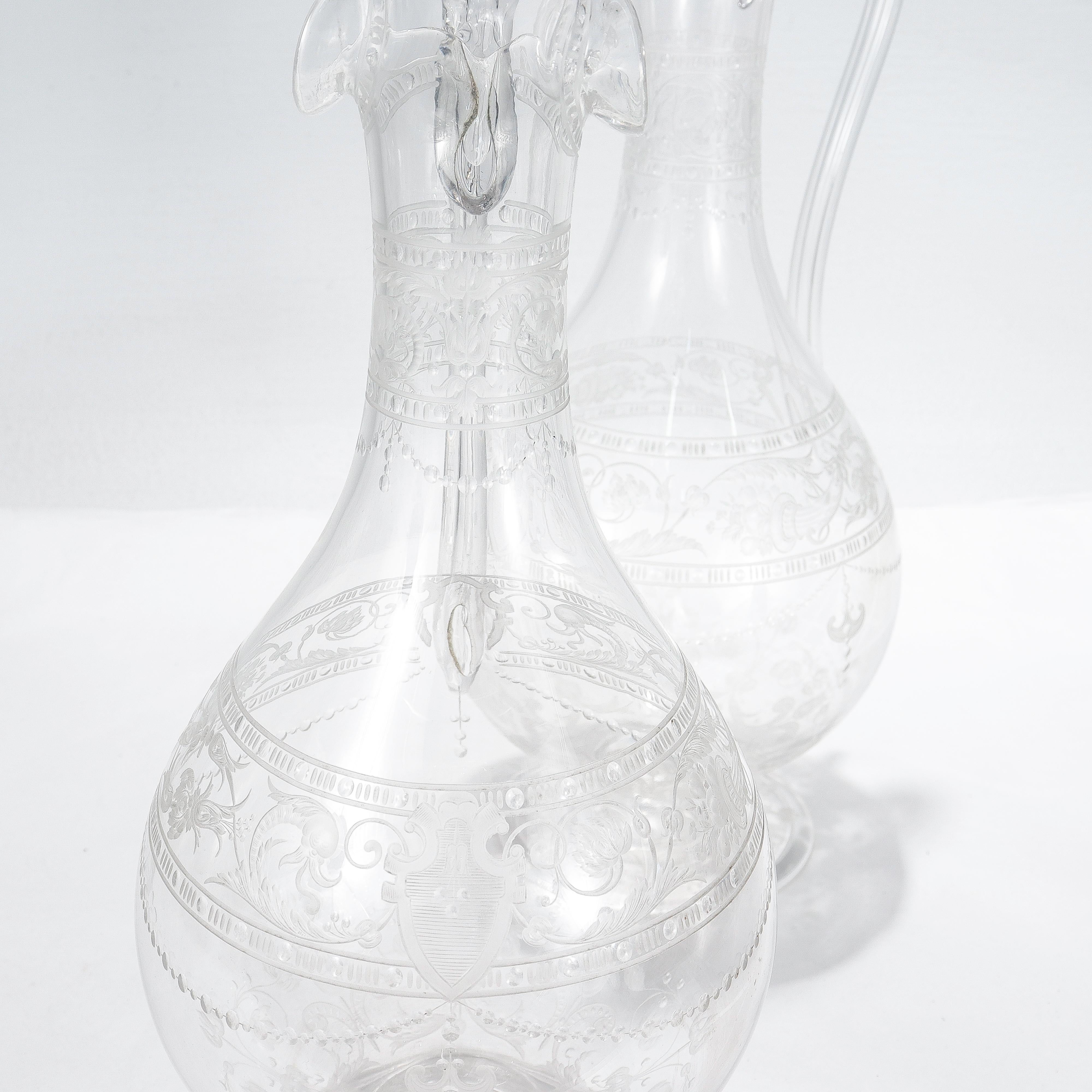Pair of Antique Stourbridge Etched & Engraved Glass Water Pitchers or Decanters For Sale 10