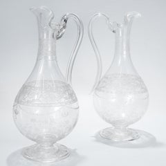 Pair of Antique Stourbridge Etched & Engraved Glass Water Pitchers or Decanters