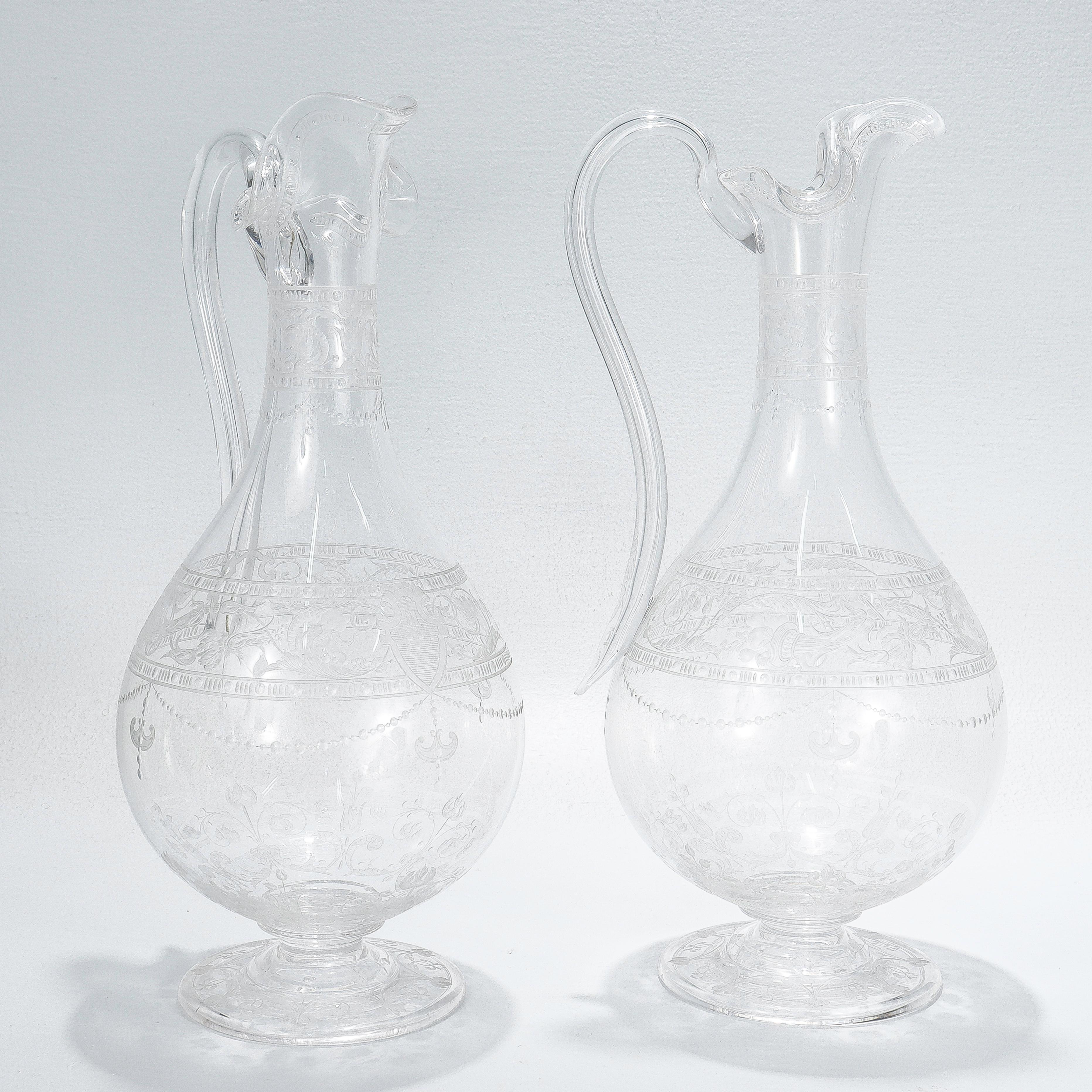 Edwardian Pair of Antique Stourbridge Etched & Engraved Glass Water Pitchers or Decanters For Sale
