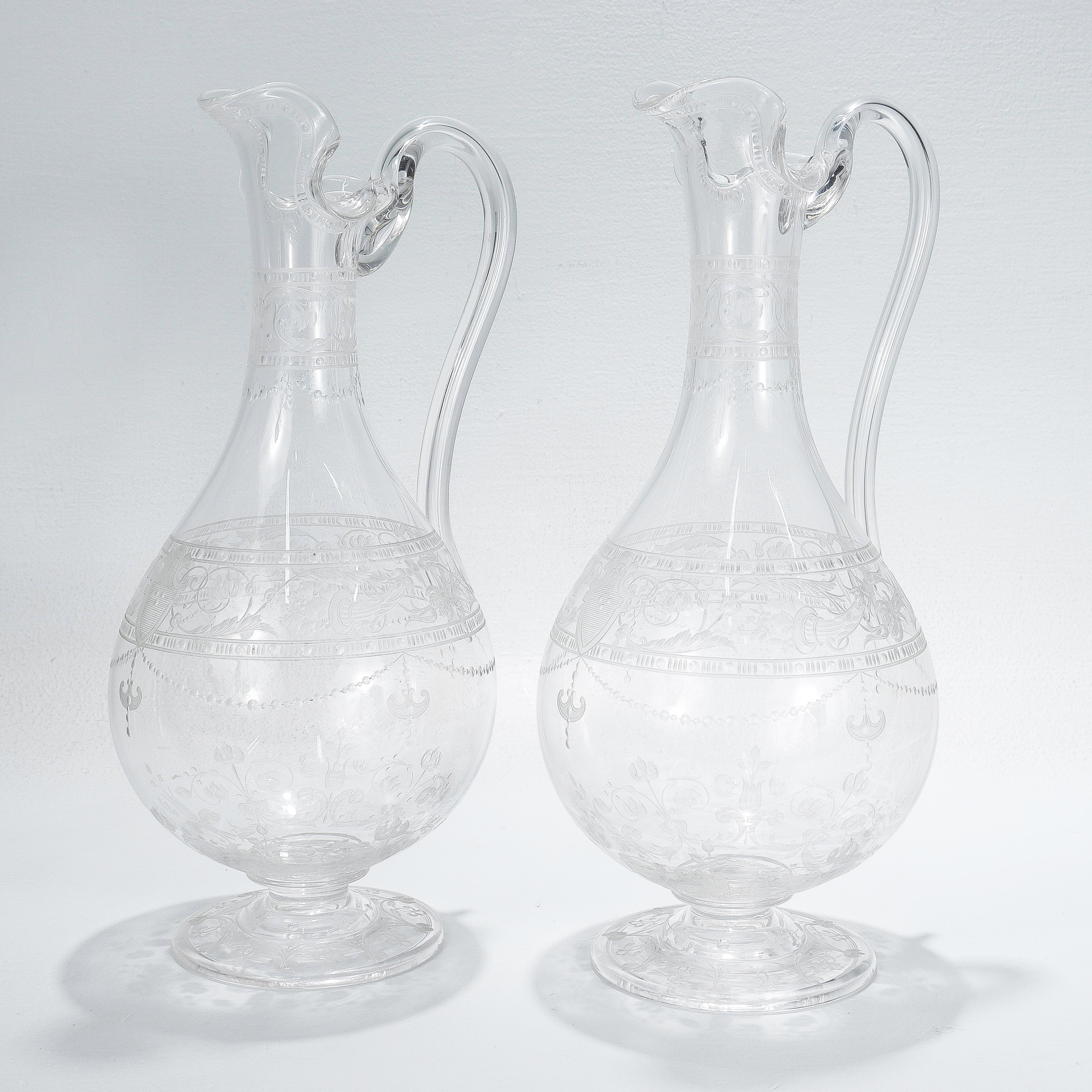 English Pair of Antique Stourbridge Etched & Engraved Glass Water Pitchers or Decanters For Sale