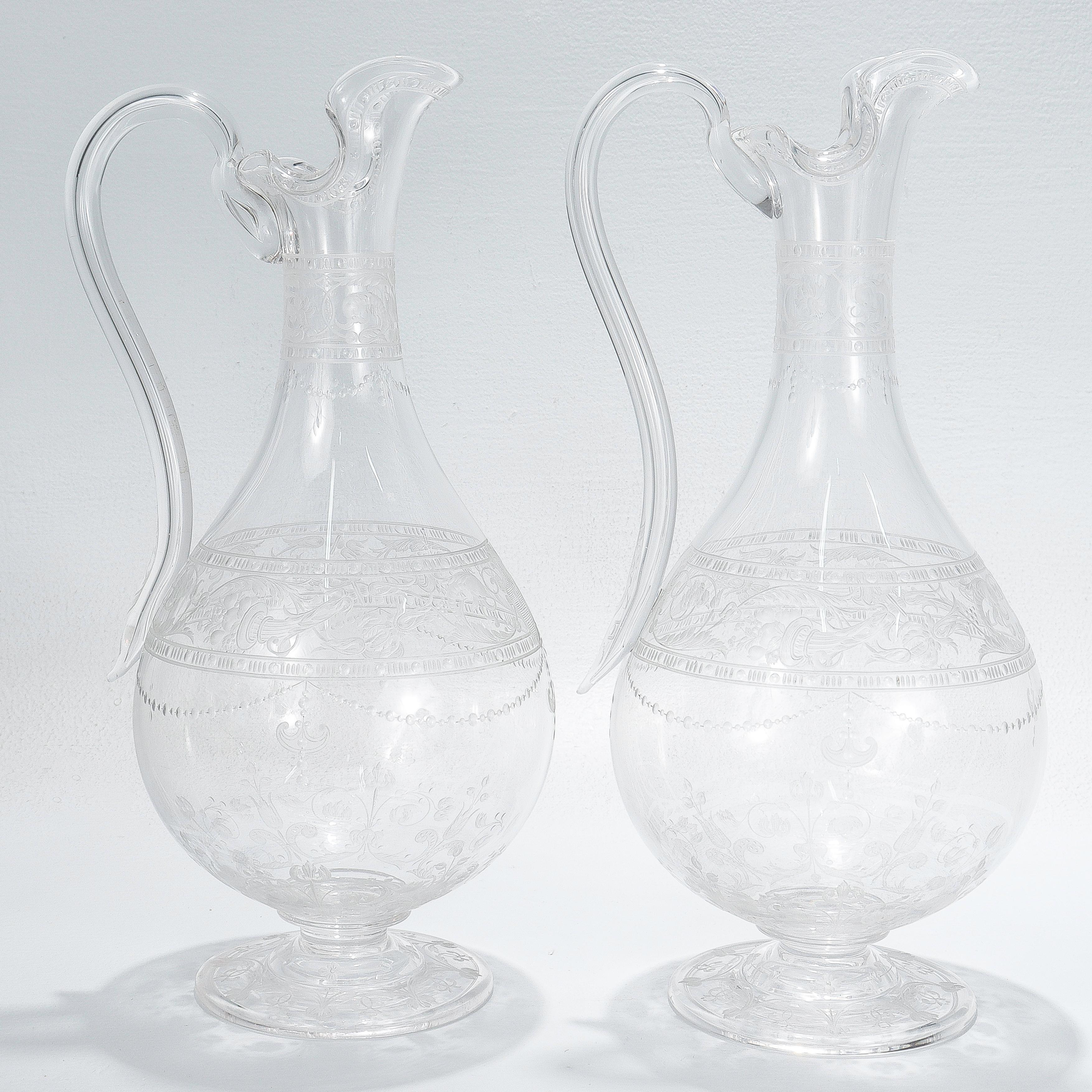 Pair of Antique Stourbridge Etched & Engraved Glass Water Pitchers or Decanters For Sale 1