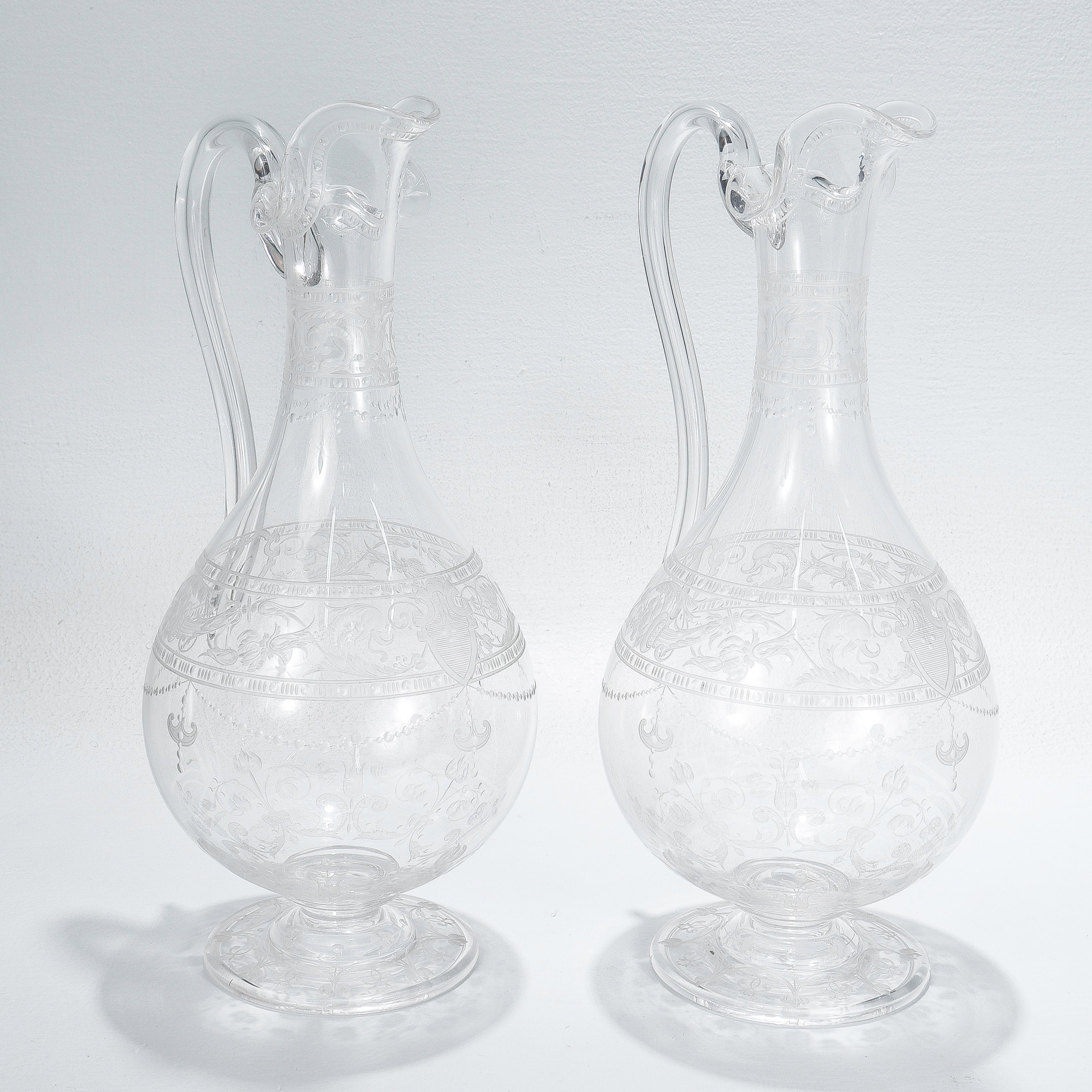 Pair of Antique Stourbridge Etched & Engraved Glass Water Pitchers or Decanters For Sale 1